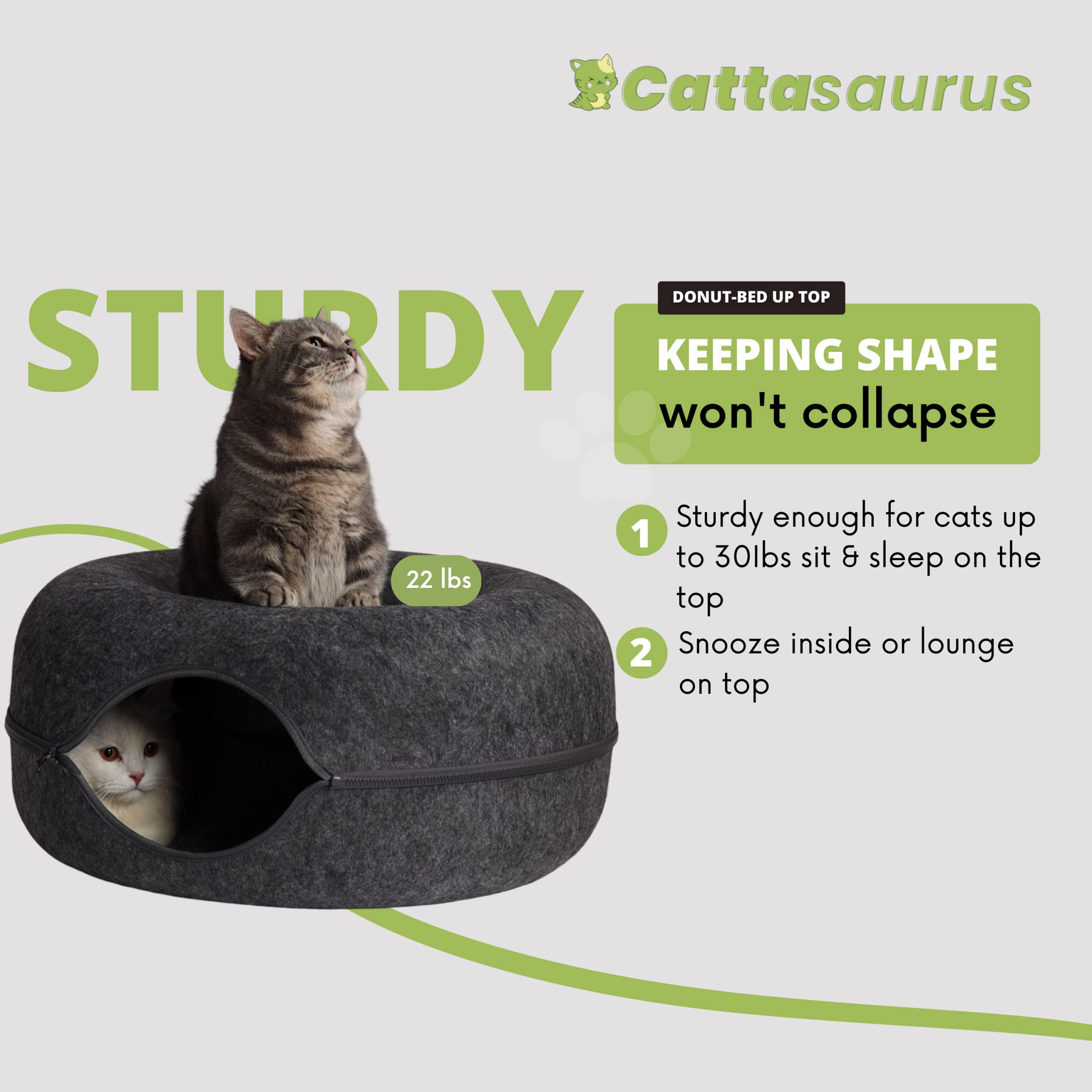 Cattasaurus Peekaboo Cat Cave For Multiple & Large Cats Up To 30-45 Lbs, Scratch Detachable & Washable Tunnel Bed, Comfy Donut Cat Cave (Dark Gray, Large)