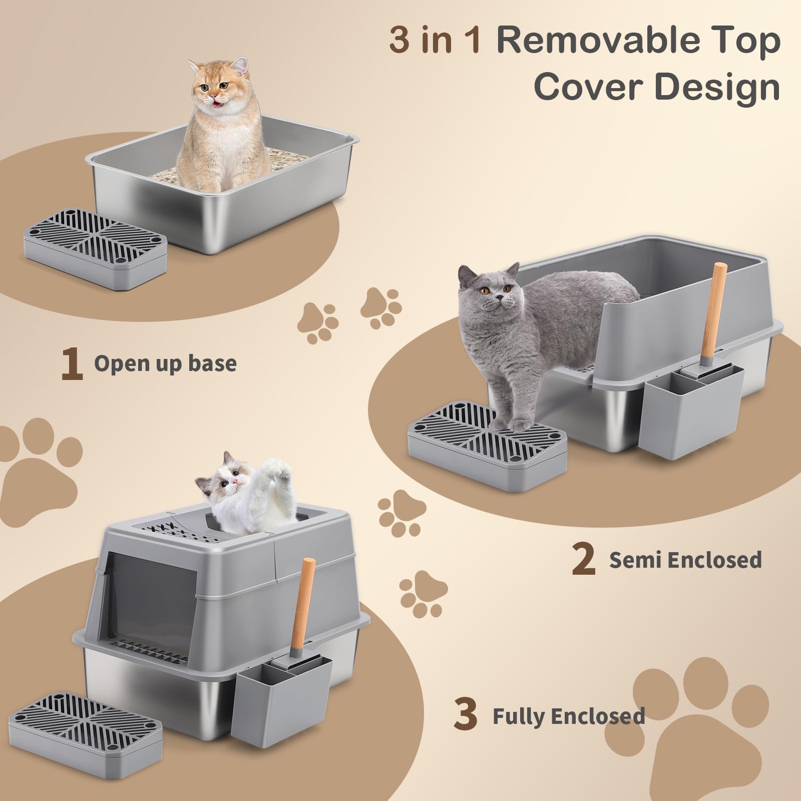 Stainless Steel Cat Litter Box With 110 Flip-Top Lid, Xxl Large Enclosed Metal Litter Box For Big Cats With Scoop & Pedal, Remov