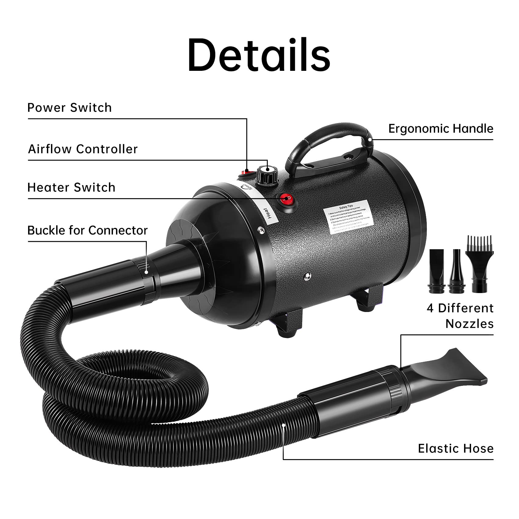 Nestroad Dog Dryer, 4.3Hp/3200W High Velocity Pet Hair Dryer, Stepless Adjustable Speed, Quick-Drying, Reduce Noise & Heat Insulation, 4 Nozzles And A Brush, Black