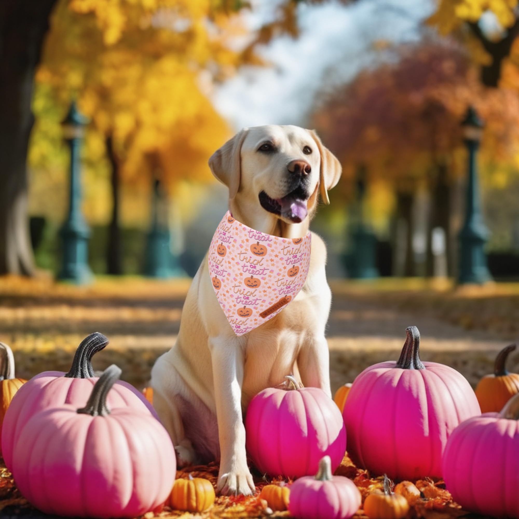 ADOGGYGO Halloween Dog Bandana, Pink Pumpkin Ghost Scarf, Adjustable Fit Female Halloween Bandanas for Large X-Large Dogs Pets (