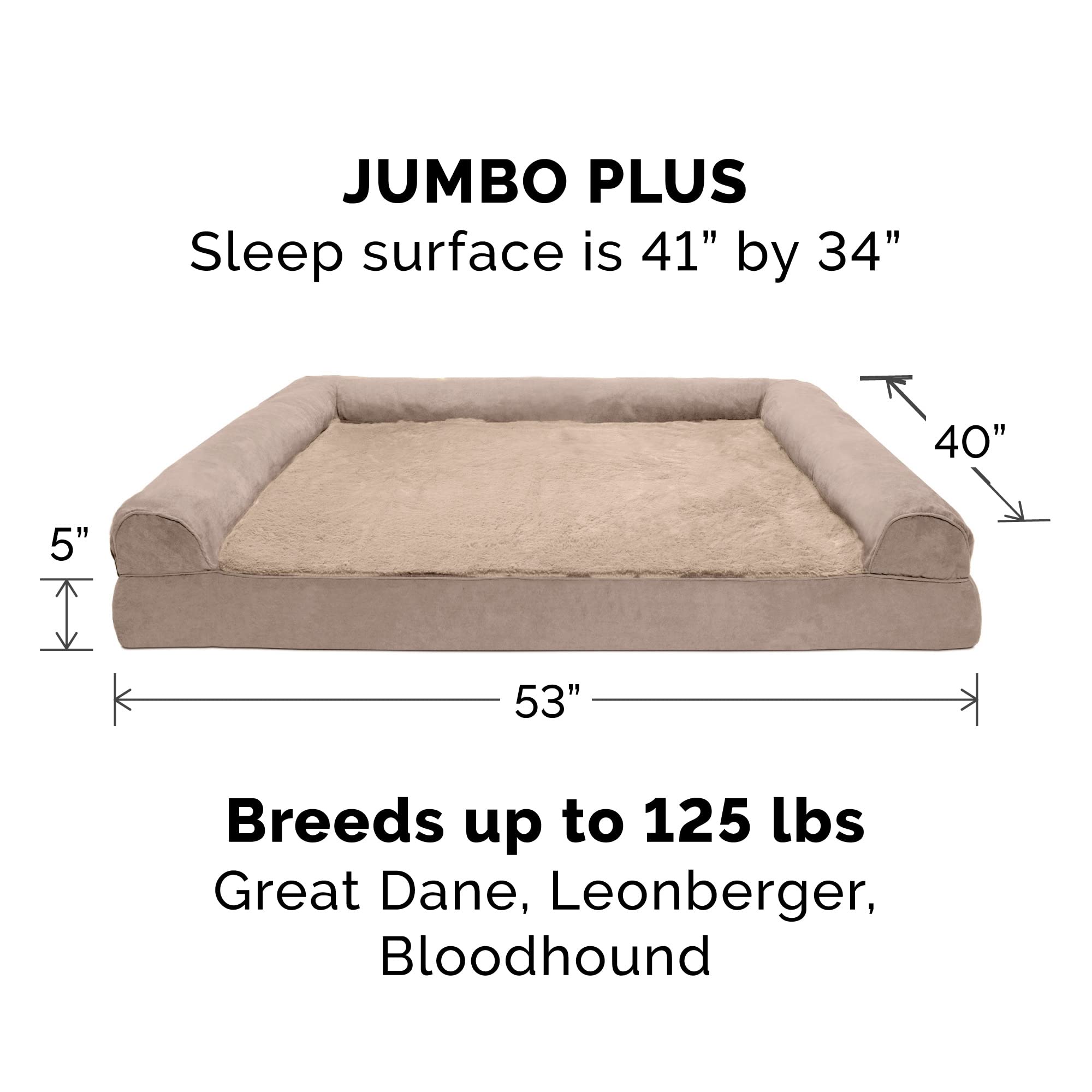 Furhaven Orthopedic Dog Bed For Large Dogs W/ Removable Bolsters & Washable Cover, For Dogs Up To 125 Lbs - Plush & Suede Sofa - Almondine, Jumbo Plus/Xxl