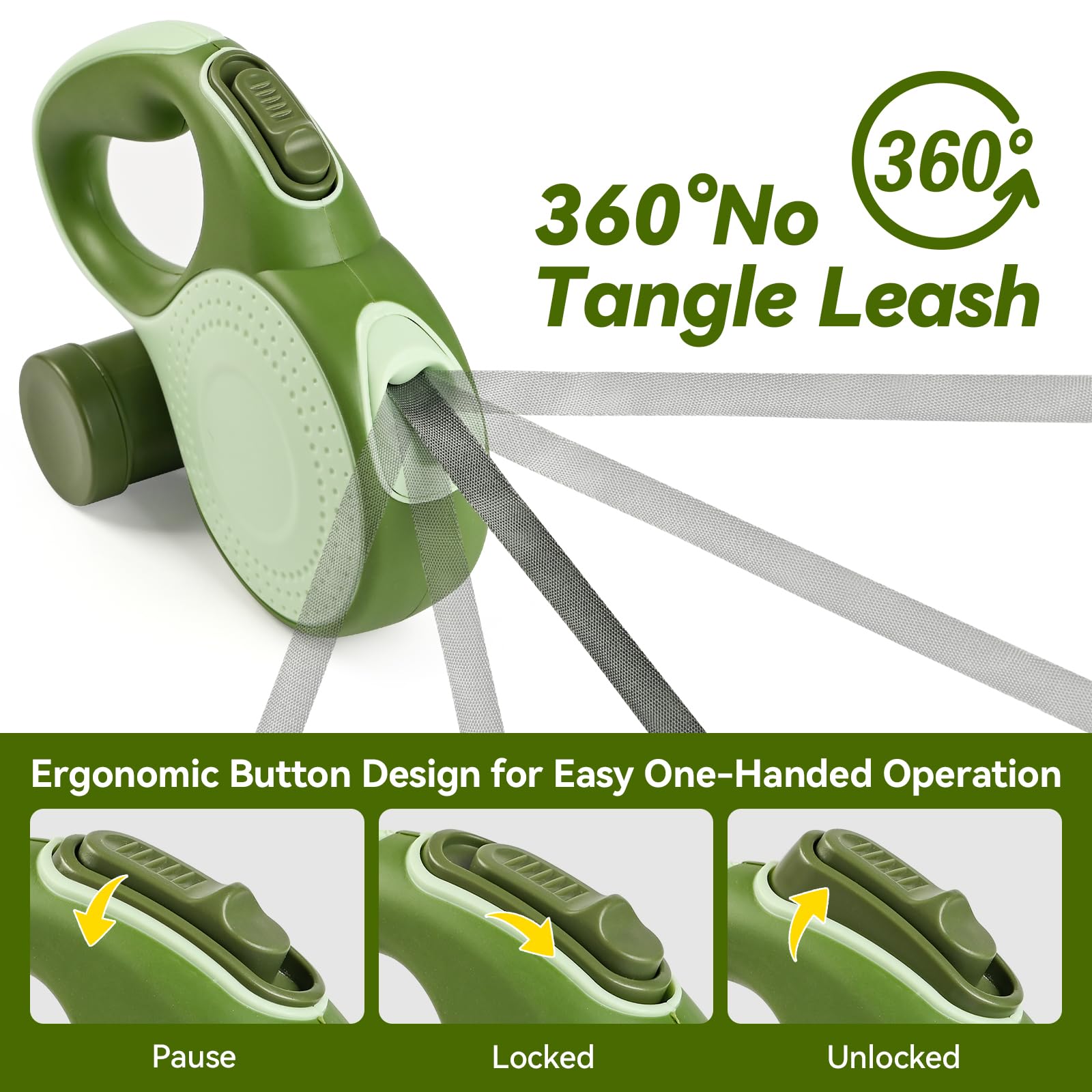 Odriew Heavy Duty Retractable Dog Leash For Large Dogs, 26Ft With Chew Proof Cable, Led Light, Dispenser, 2 Poop Bags. 360 No Ta