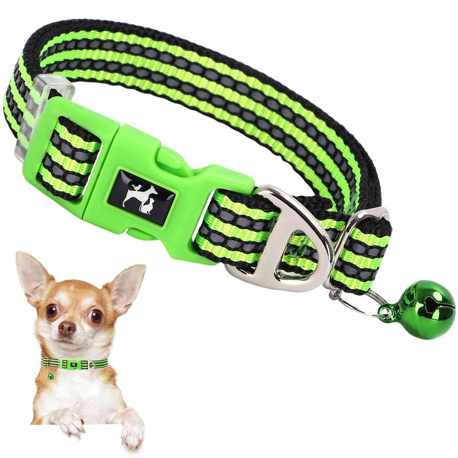 Onefojojo Xxs-Xs Dog Collar With Bell Reflective - Adjustable Tiny Small Breed Collar For Girl Boy Chihuahua Puppies, Night Walk