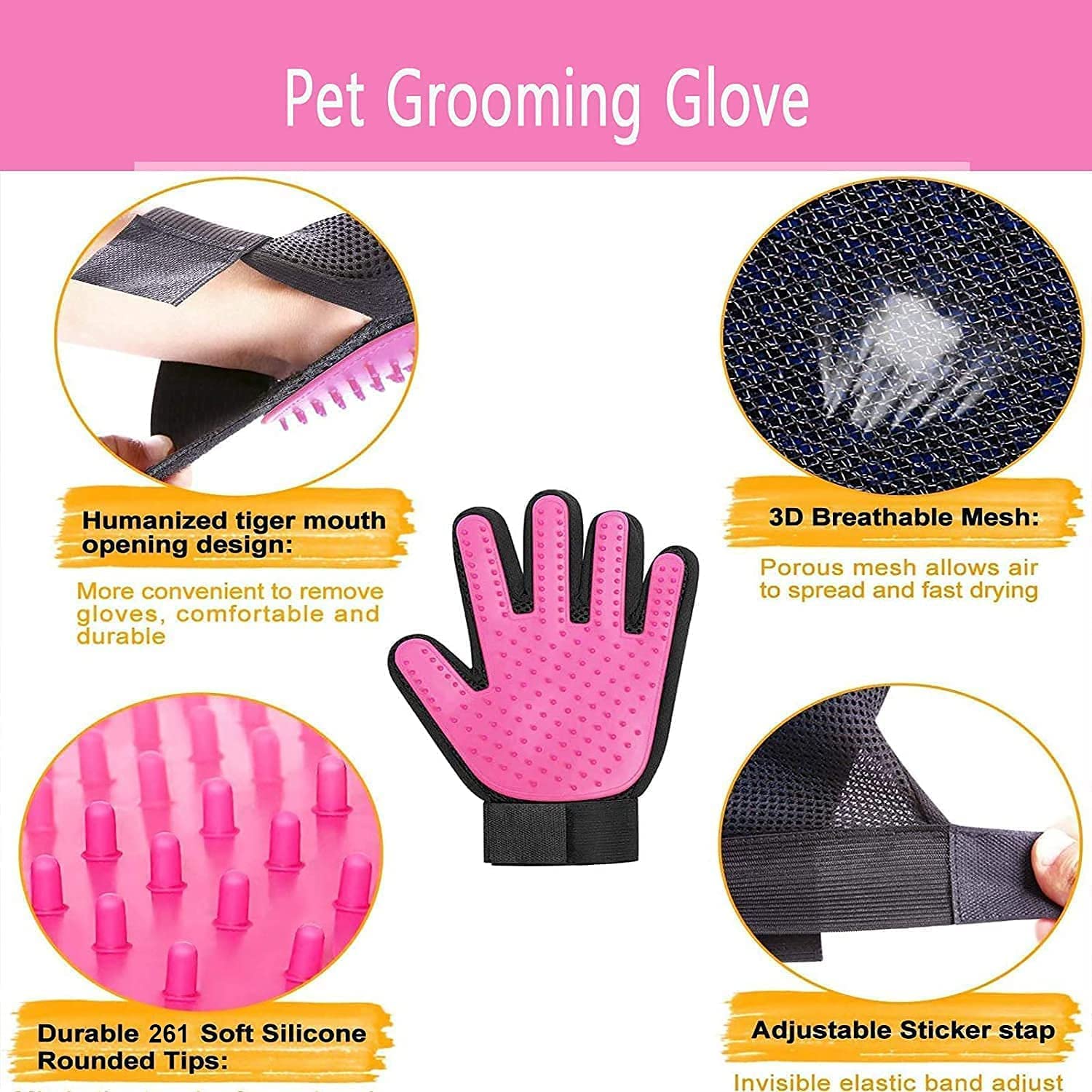 Byetoo Pet Dog Cat Grooming Glove With 261Tips,Gentle Deshedding Brush Glove,Efficient Pet Hair Remover Mitt,Massage Tool With Enhanced Five Finger Design,For Dog,Cat,Rabbit,Horse With Long/Short Fur