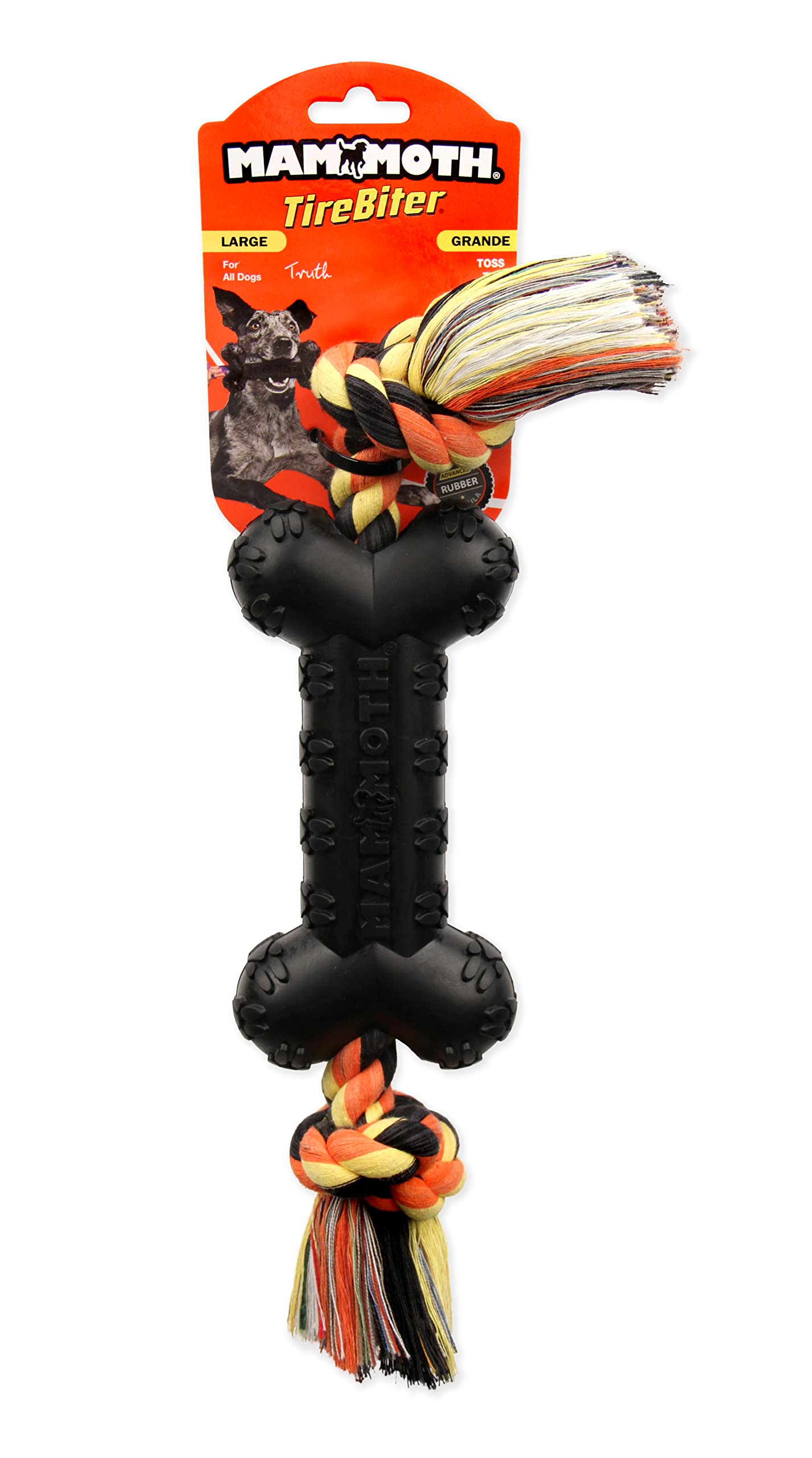 Mammoth Pet Products Tirebiterii E With Cotton-Poly Rope – Natural Rubber Dog Toys For Extreme Chewers – Dog Toys For Extra Long Interactive Play – Aggressive Chewer Toys For Dogs - Large 16”, Black (31023F)