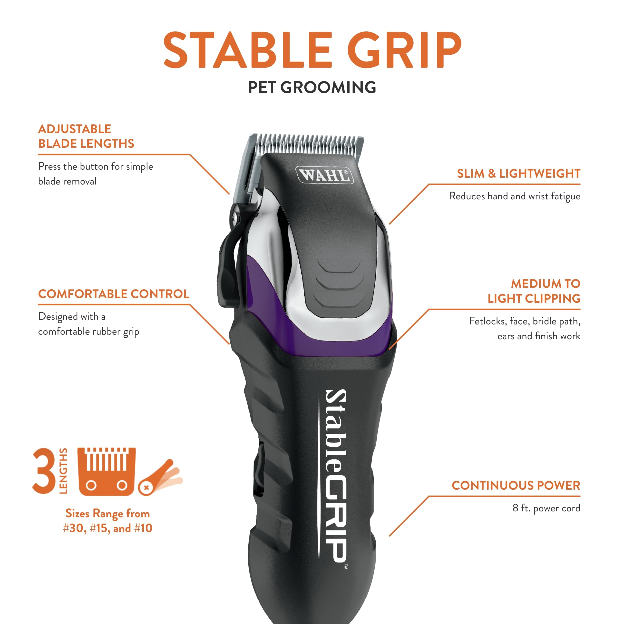 Wahl Pro Animal Stable Grip - Comprehensive Equine Grooming Kit - Light Body Clipping - Trimming Face, Ears & Fetlocks - Stable
