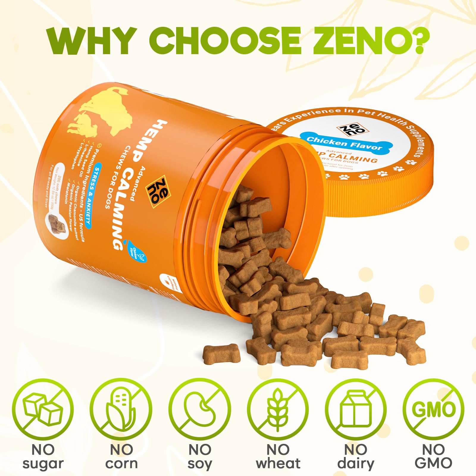 ZENO Hemp Calming Chews for Dogs Anxiety 200 pcs - Chicken Flavored - Anxiety Relief - Calming Chews Treats - Melatonin for Dogs