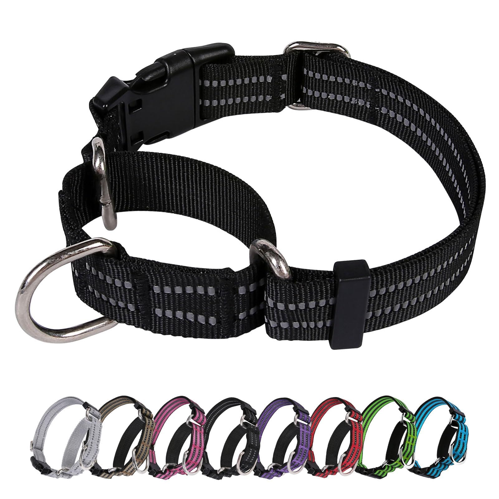 Joyeeiioo Martingale Dog Collar, Adjustable Nylon Reflective Collar With Buckle. No Pull-For Small, Medium, Large Dogs. Prevents Slipping Out-Helps With Strong Pullers-Increase Control (Black S)