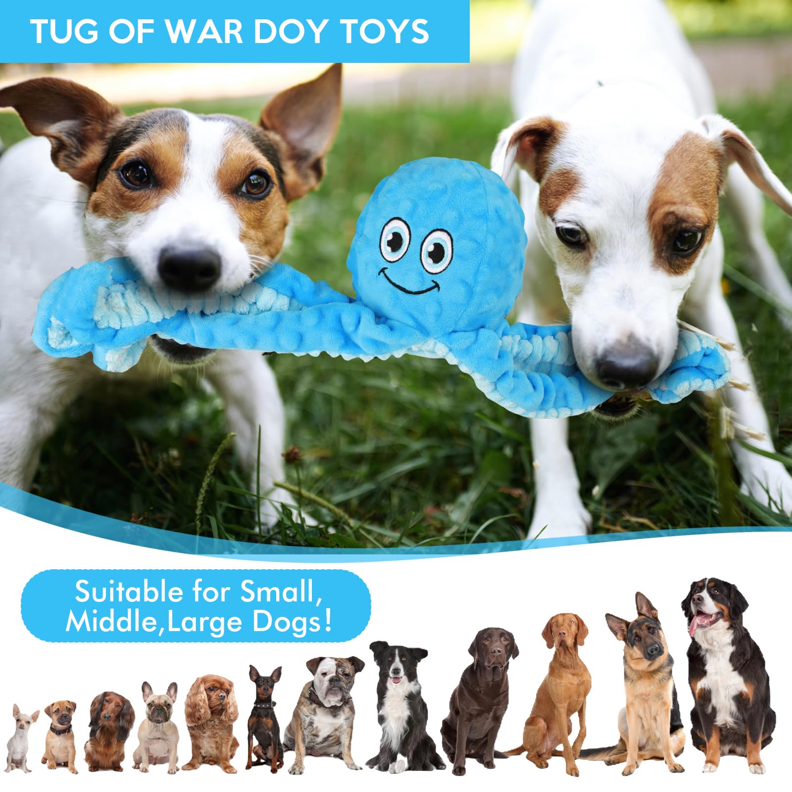 Letsmeet Squeaky Dog Toys Octopus Stuffed Crinkle Toy, Puppy Chew Toys For Teething, Durable Tug Of War Interactive Plush Dog To