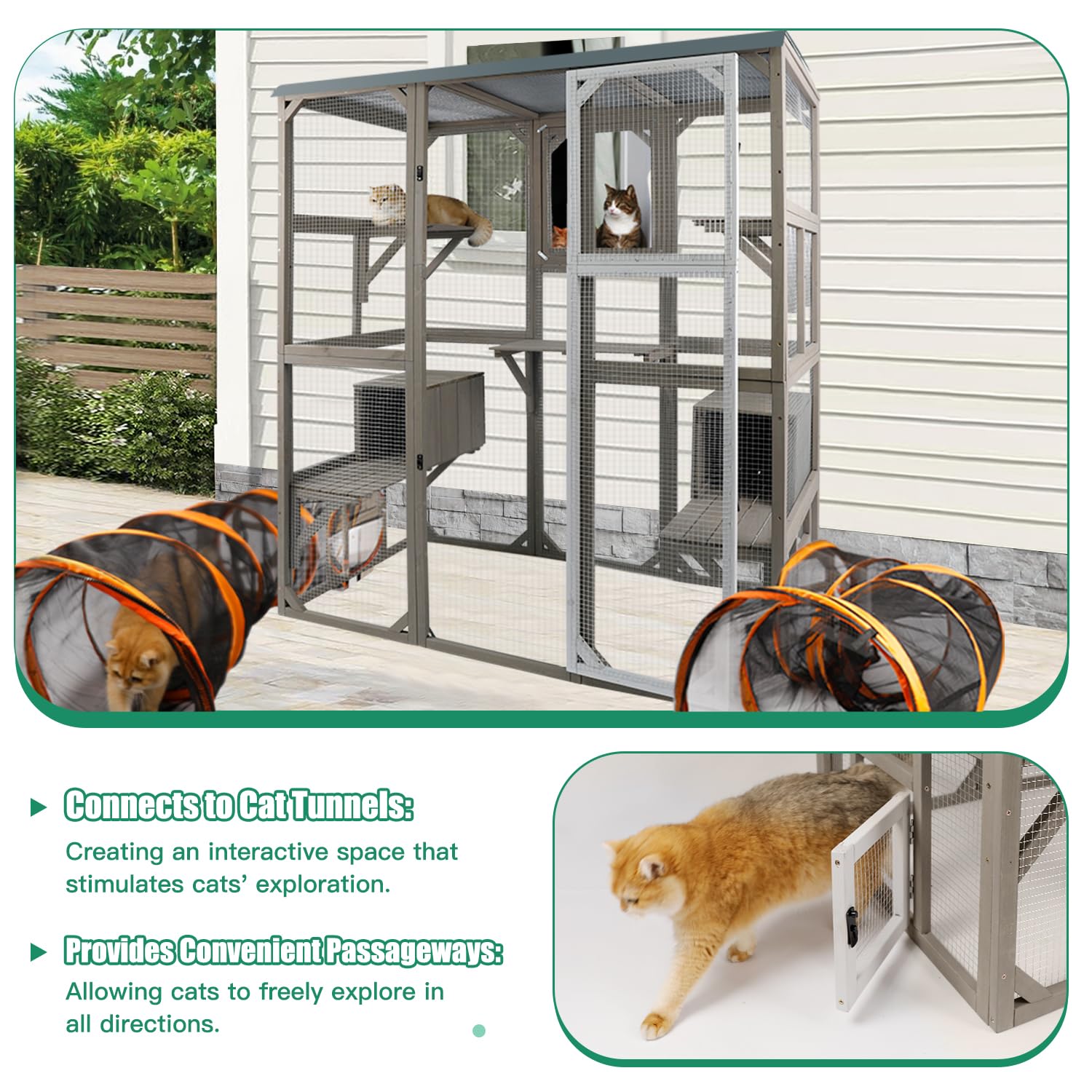 Petscosset Outdoor Cat Catio Enclosures Large Wooden Cat House Patio For Indoor Cats Feral Cat Shelter With 2 Espace Doors, 2 Re