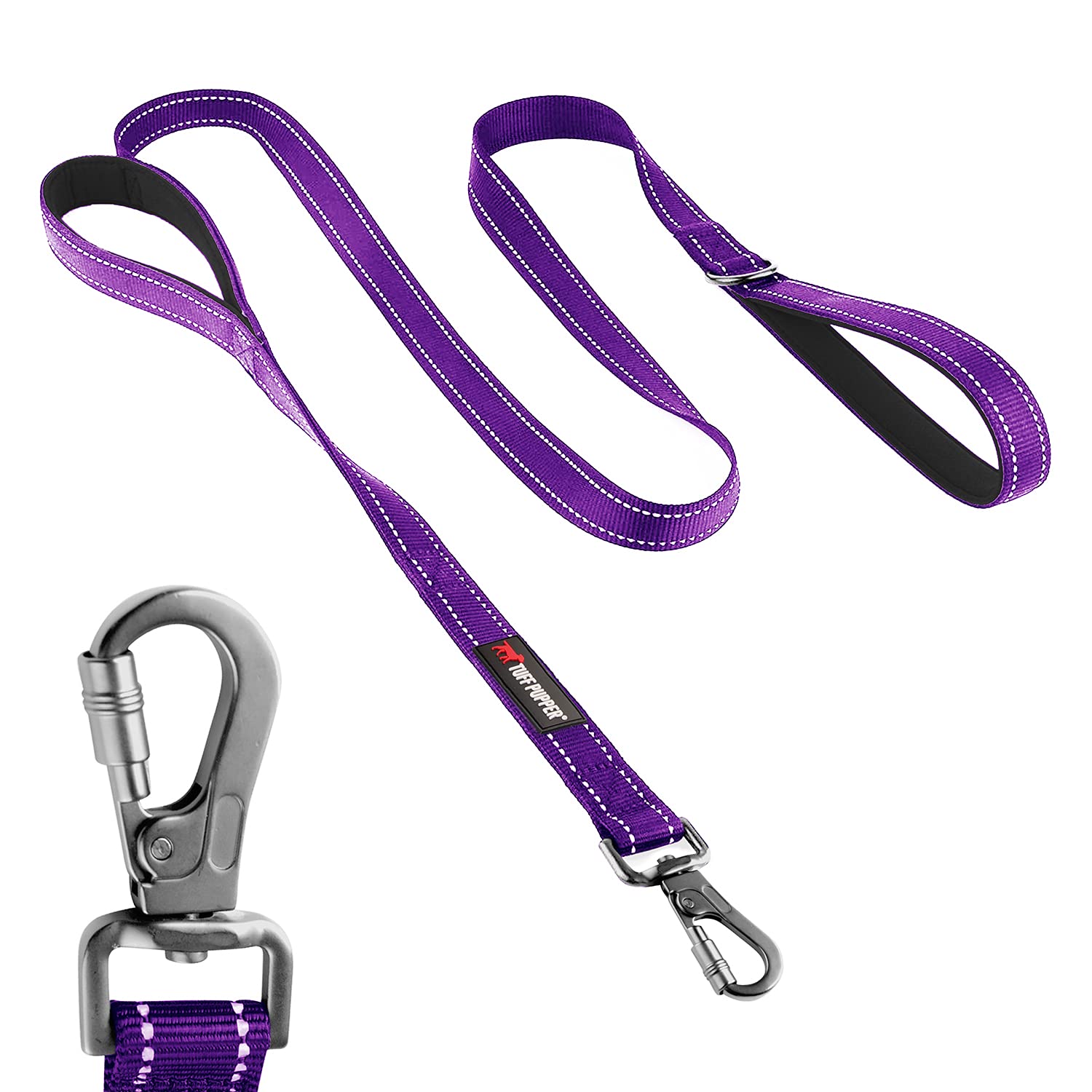 Tuff Pupper Heavy Duty Double Handle Leash | Twist Locking Carabiner Clip | Safety Lock For Strong Dogs | Reflective For Safe Ni