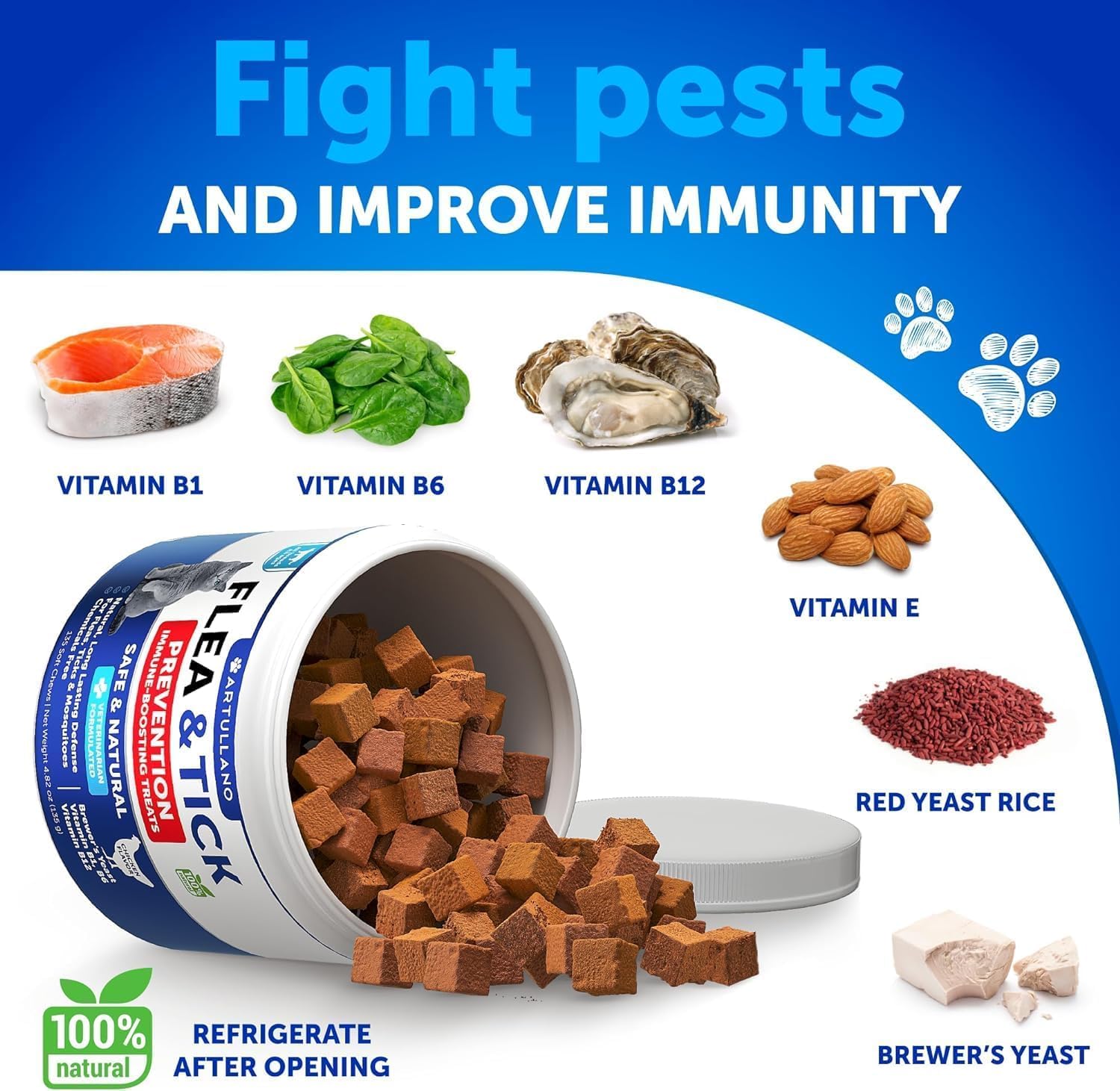 Flea Treatment for Cats - Natural Flea and Tick Prevention Supplement for Cats, Kittens - Chewable Daily Oral Pills with Vitamin