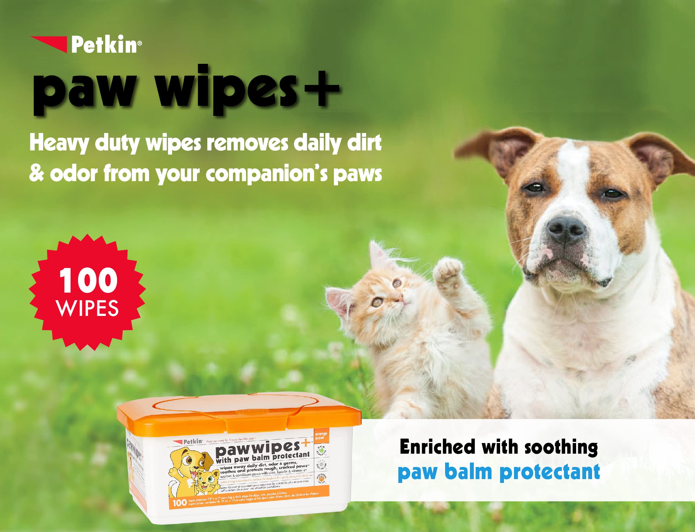 Petkin Paw Wipes Plus, 100 Orange Scented Wipes - Absorbent Pet Paw Wipes Remove Daily Dirt & Odors - Enriched With Paw Balm Protectant - Easy To Use Pet Wipes For Dogs, Cats, Puppies & Kittens