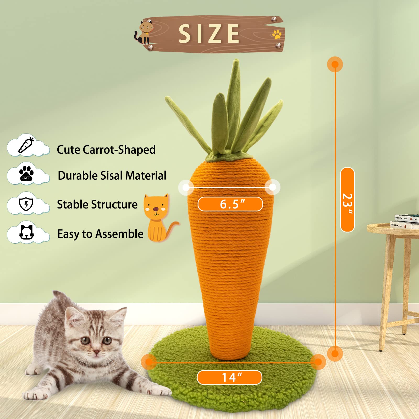 Auscat Cat Scratching Post, Cute Carrot Scratching Post, Nature Sisal Cat Scratcher For Indoor Cats And Kittens