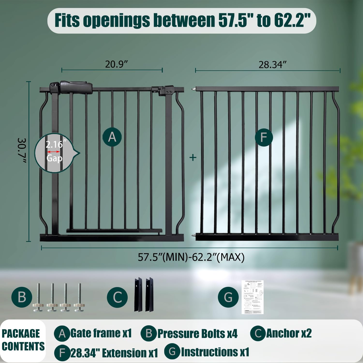 Extra Wide Baby Gate, 57.5-62 Inch - Black Metal, Pressure Mounted Indoor Safety Gate, Walk-Through Dog Gate for Kids & Pets, 30