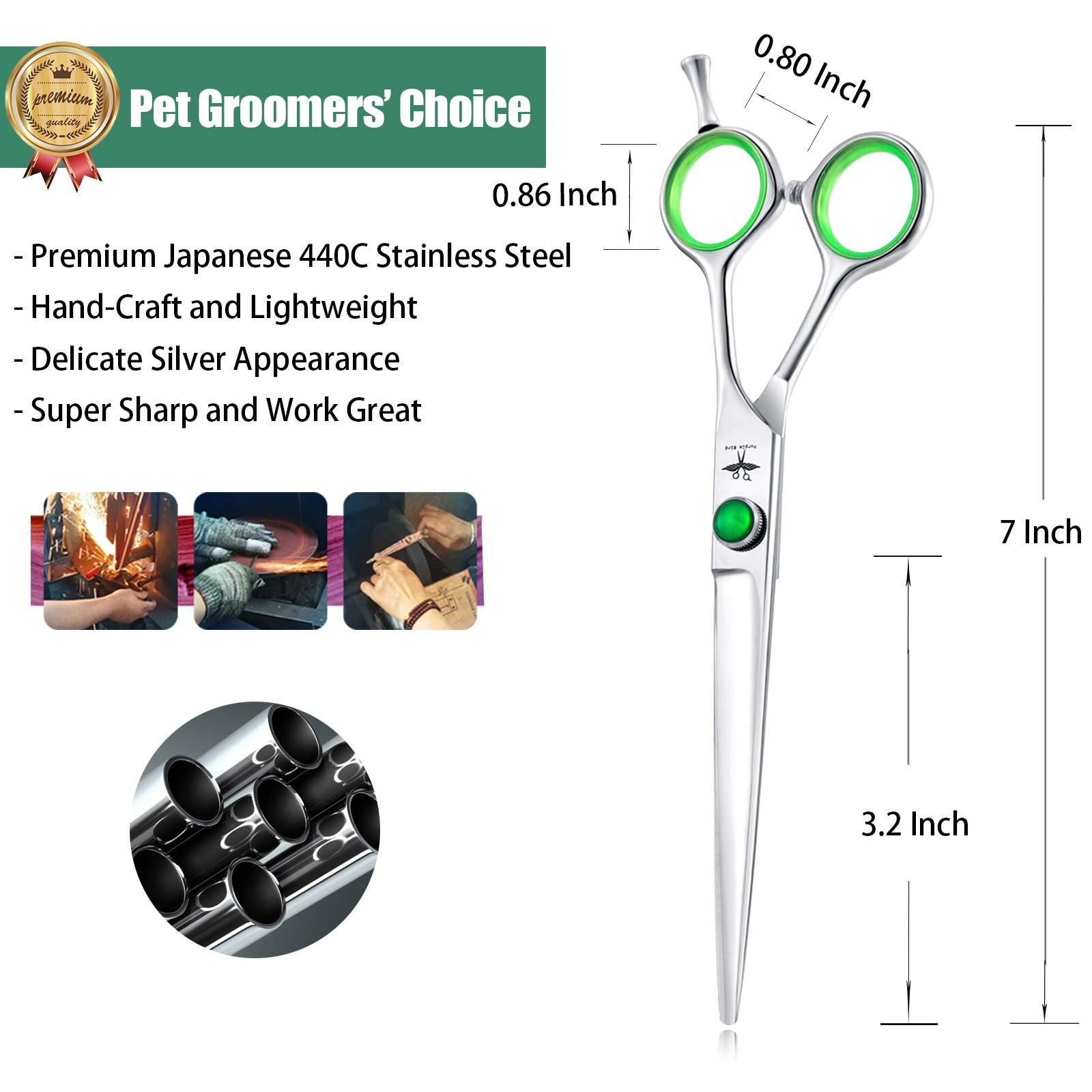 Purplebird 7 Inch Straight Dog Grooming Scissors Professional Pet Cutting Shears Safety Noiseless Blunt Tip Trimming Shearing Fo