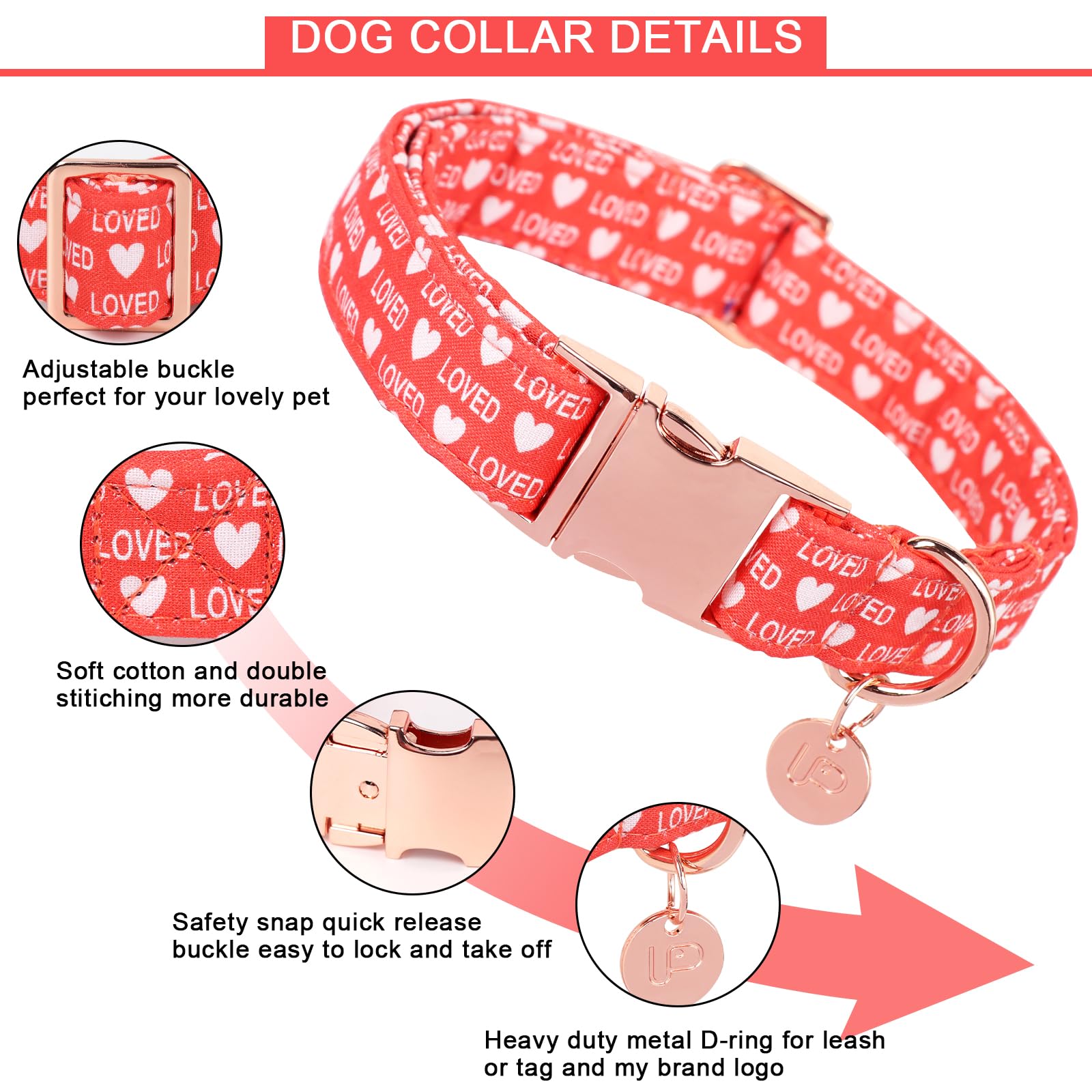 Up Urara Pup Valentine'S Dog Collar, Red Heart Dog Collar For Small To Large Dogs, Wedding Collar Match Dog Leash, Cotton Pet Co