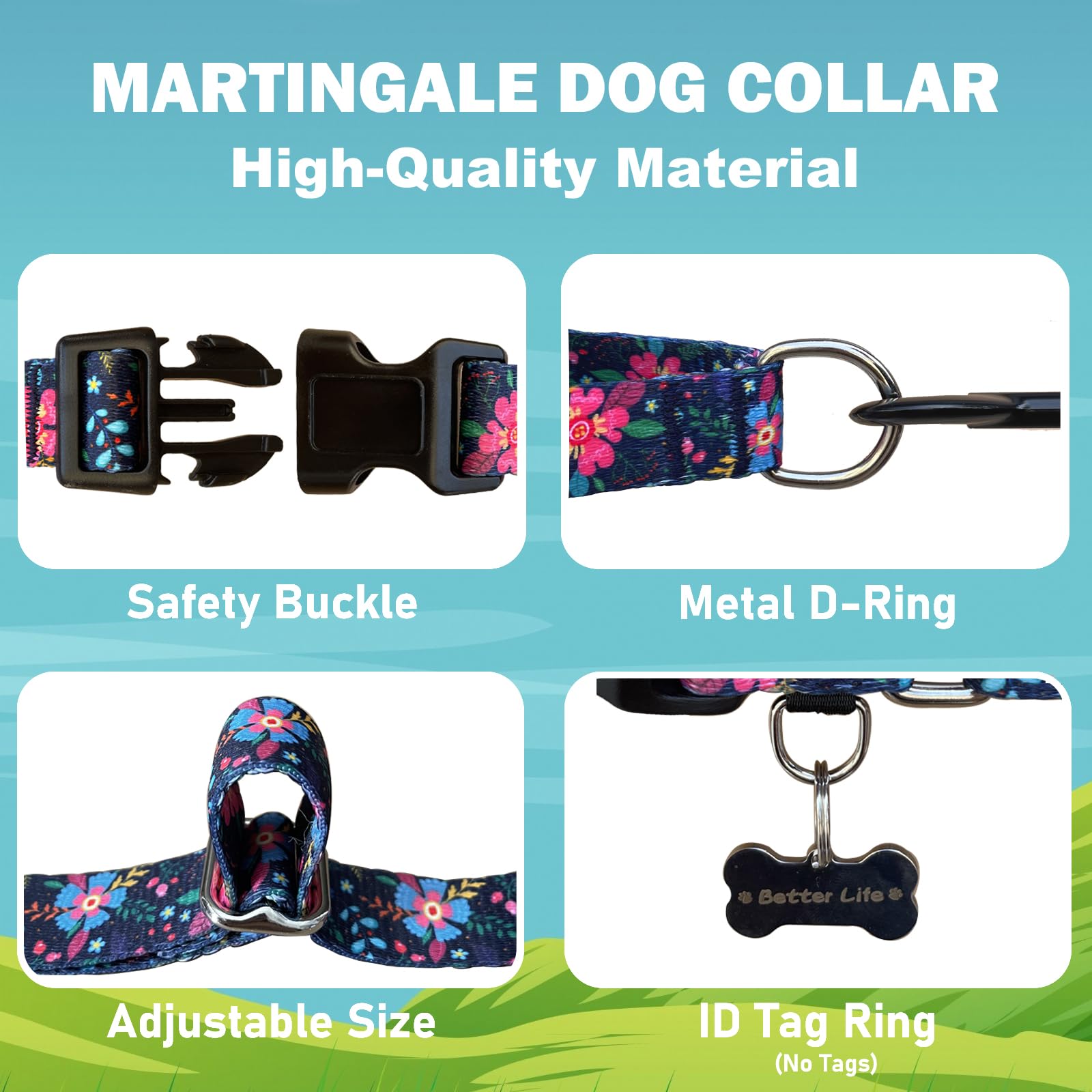 Fidohug Slip Collar for Dogs Martingale Collar with Buckle Floral Adjustable Soft Nylon Dog Collars (Blue Pink Flower, Large)