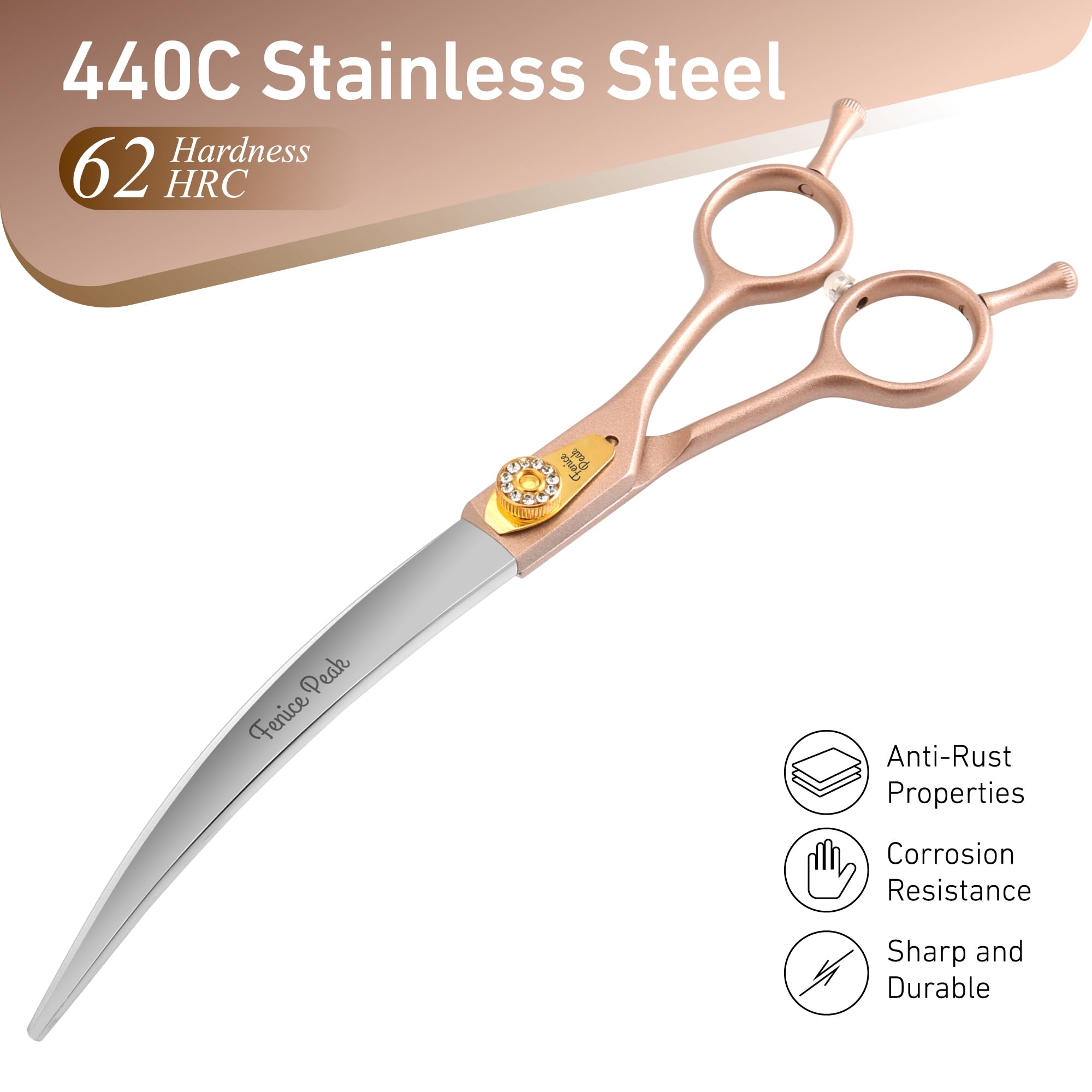 Fenice Peak 45 Extra Curved Dog Grooming Scissors 440C Stainless Steel 7.5 Big Arc Curved Shears Rose Gold Sharp and Durable T