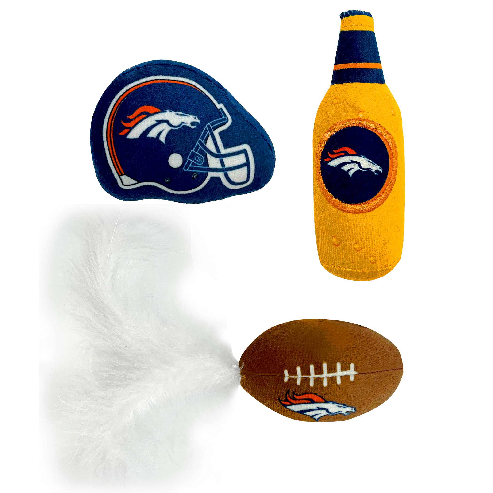 BEST PLUSH CAT TOY - NFL DENVER BRONCOS Complete Set of 3 piece Cat Toys filled with Fresh Catnip. Includes: 1 Helmet Cat Toy, 1