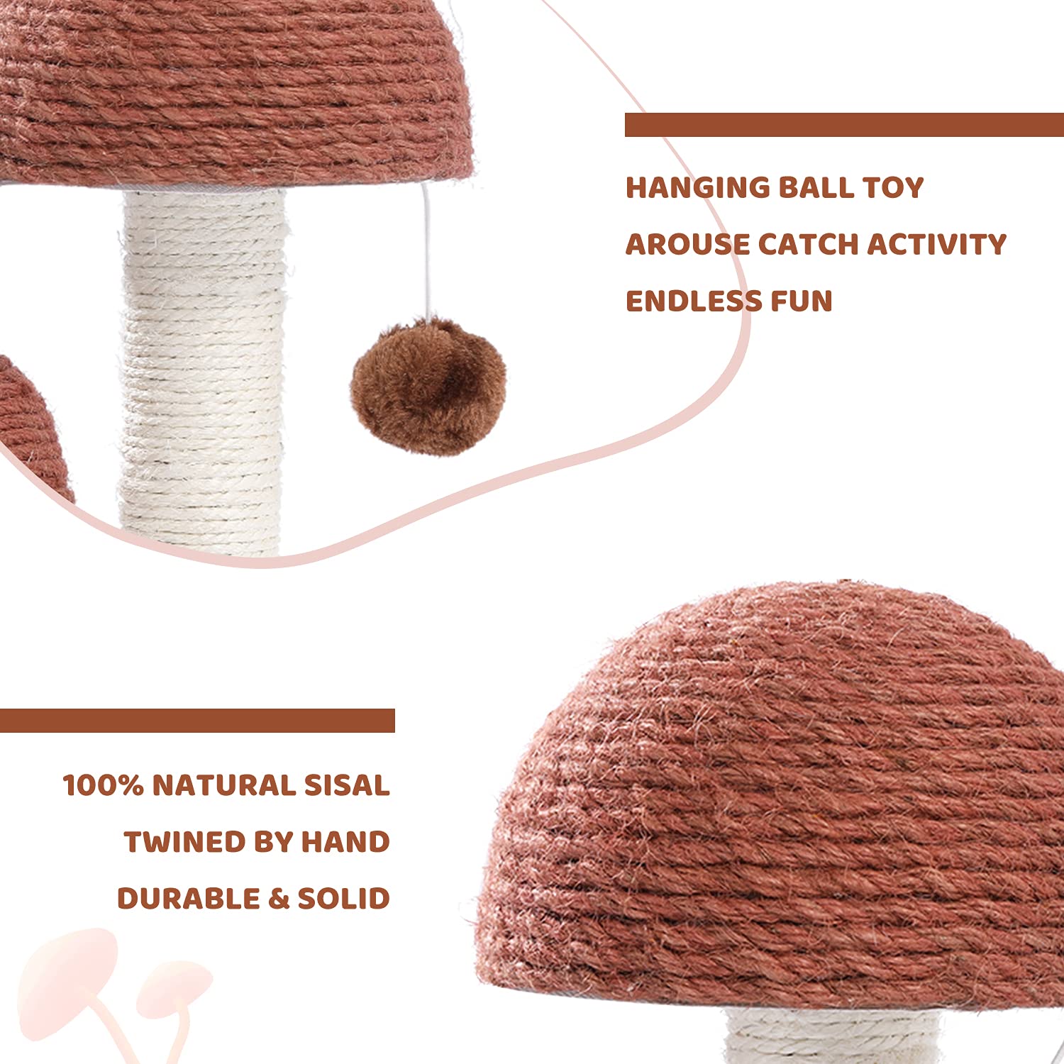 Petepela Cat Scratching Post, Mushroom Tall Cat Scratcher Featuring With Natural Sisal Scratching Poles And Interactive Toy Ball