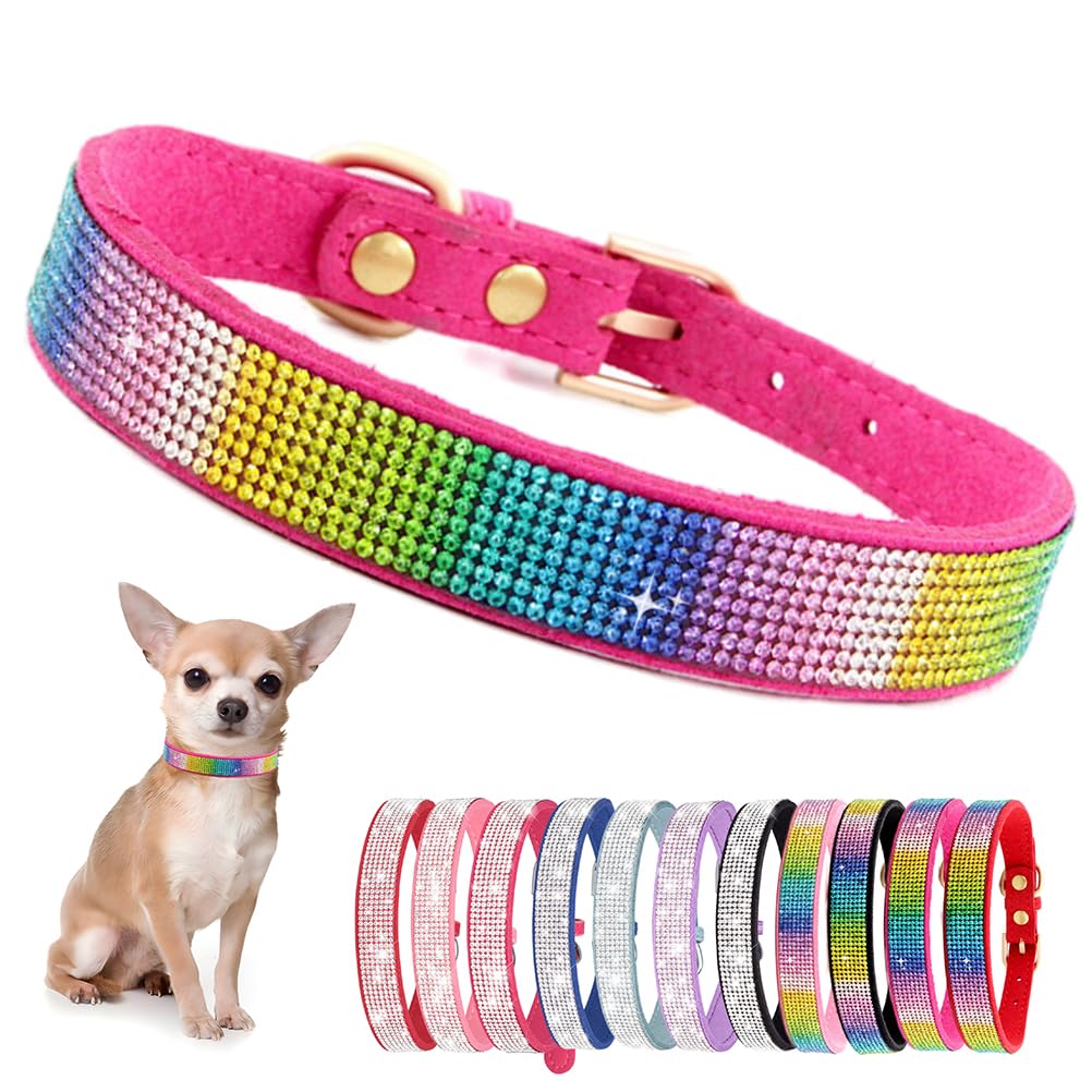 Cute Dog Collar With Bling Rhinestone, Fancy Crystal Diamond Glitter Pretty Jewel Soft Cat Collars For Small Medium Large Breed Dogs Girl Female Pet Puppy Kitten Terrier, Colorful Rose Xxs
