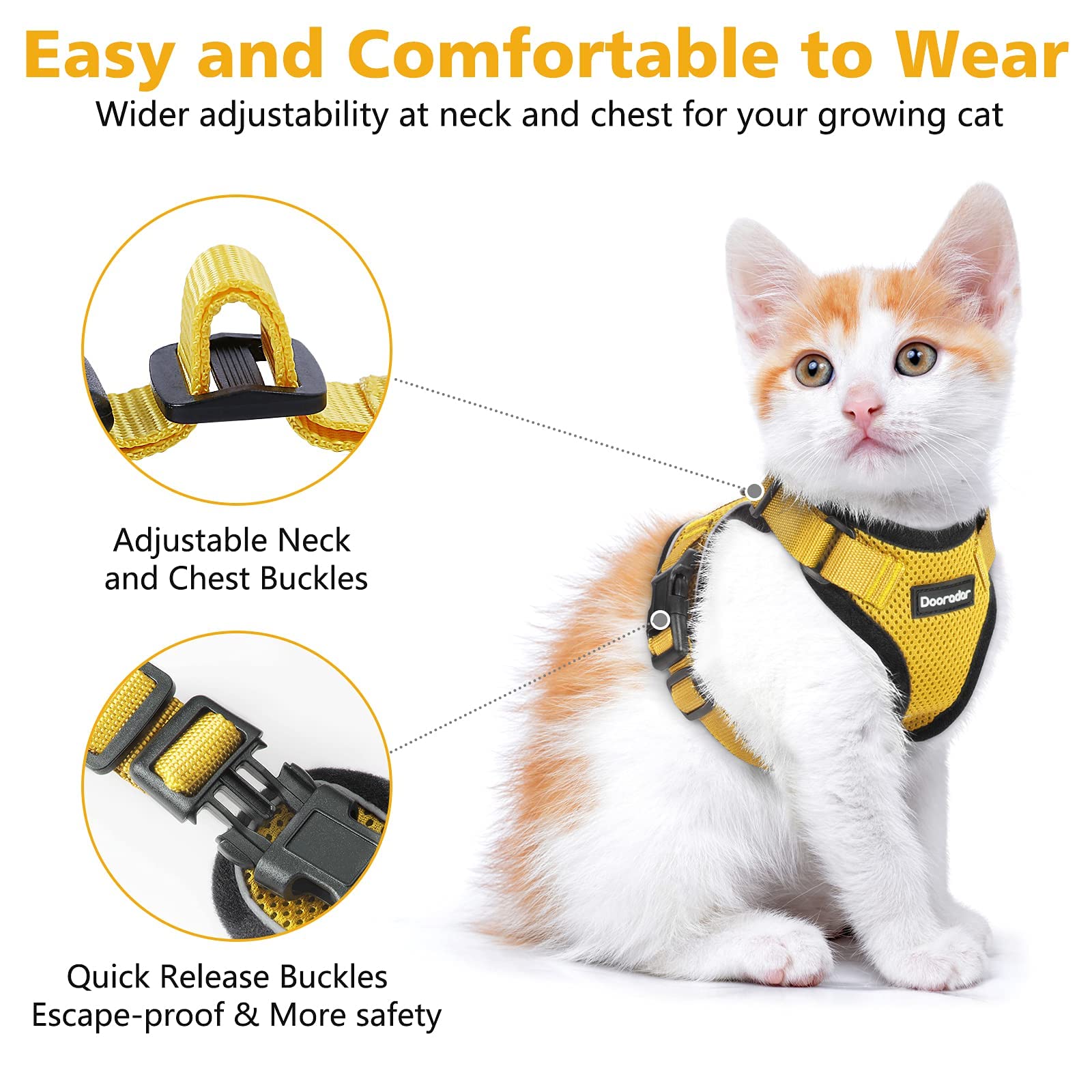 Dooradar Cat Harness And Leash Set, Escape Proof Safe Adjustable Kitten Vest Harnesses For Walking, Easy Control Soft Breathable Mesh Jacket With Reflective Strips For Cats, Yellow, S