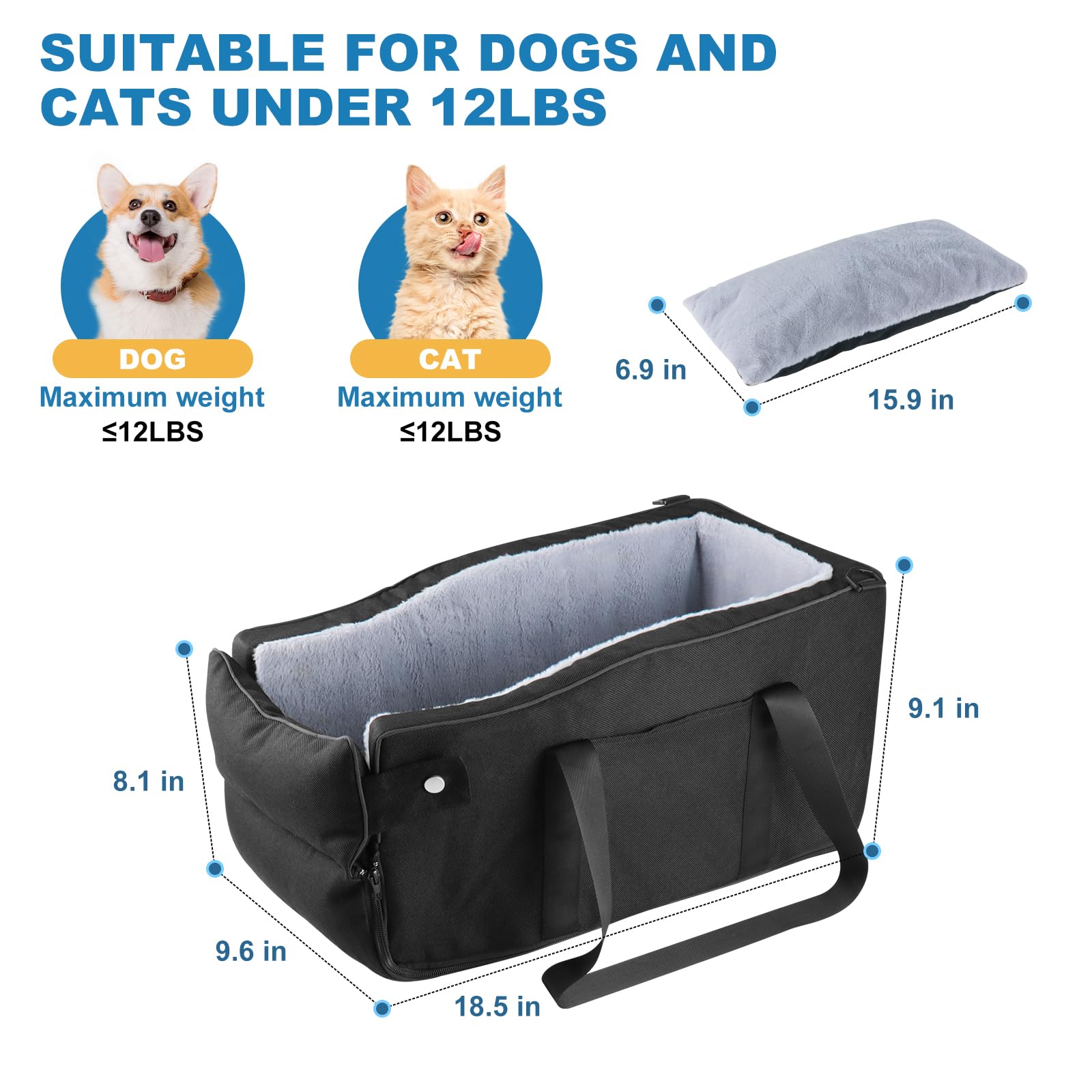 Center Console Dog Car Seat for Small Dogs Up to 12lbs, Detachable Armrest Pet Seat with Adjustable Straps & Storage Pocket (Bla