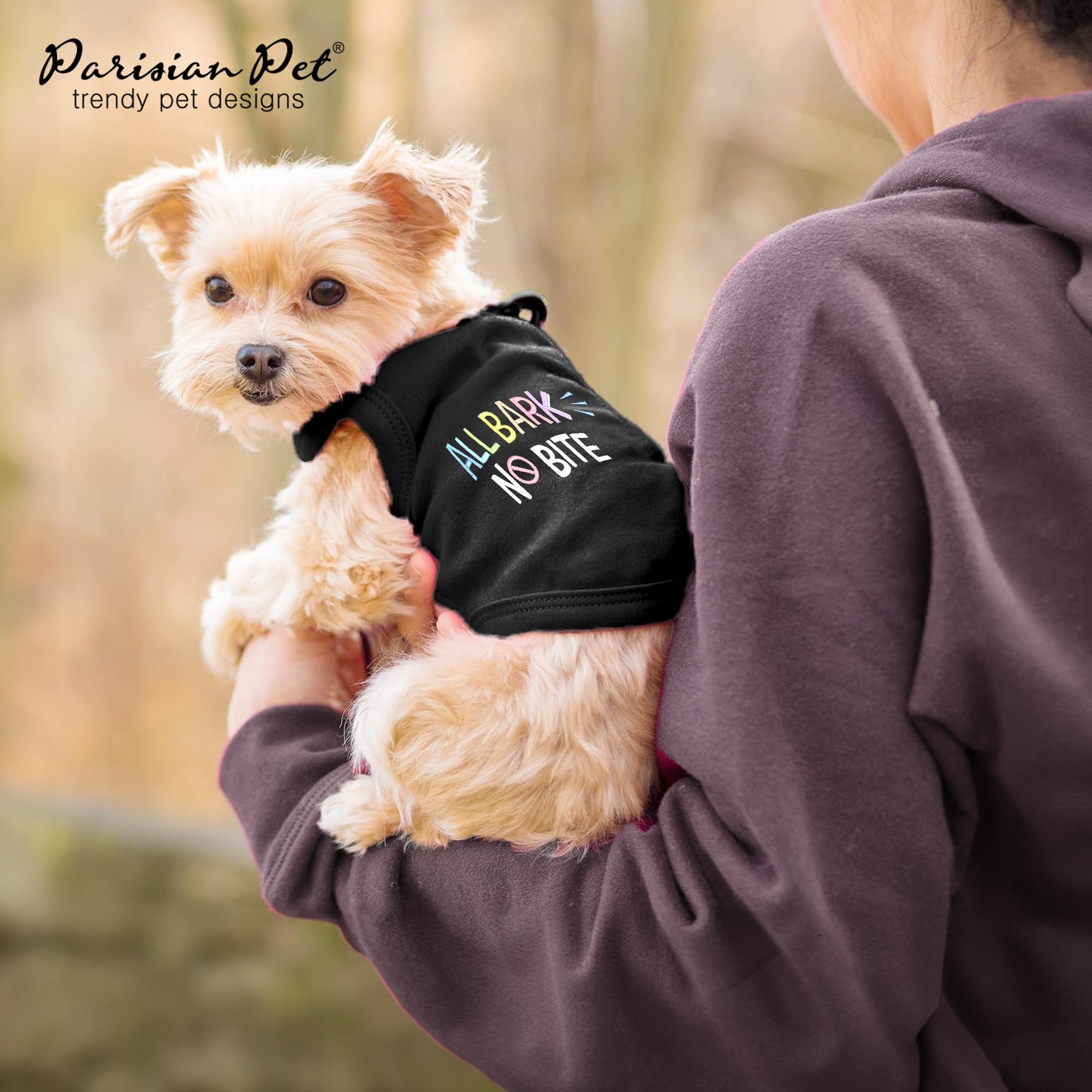 Parisian Pet Dog T-Shirt - Embroidered ' All Bark No Bite ' 100% Cotton, Dog Clothes - Sleeveless Pet Vest - Machine Washable Dog Shirts For Small Dogs S