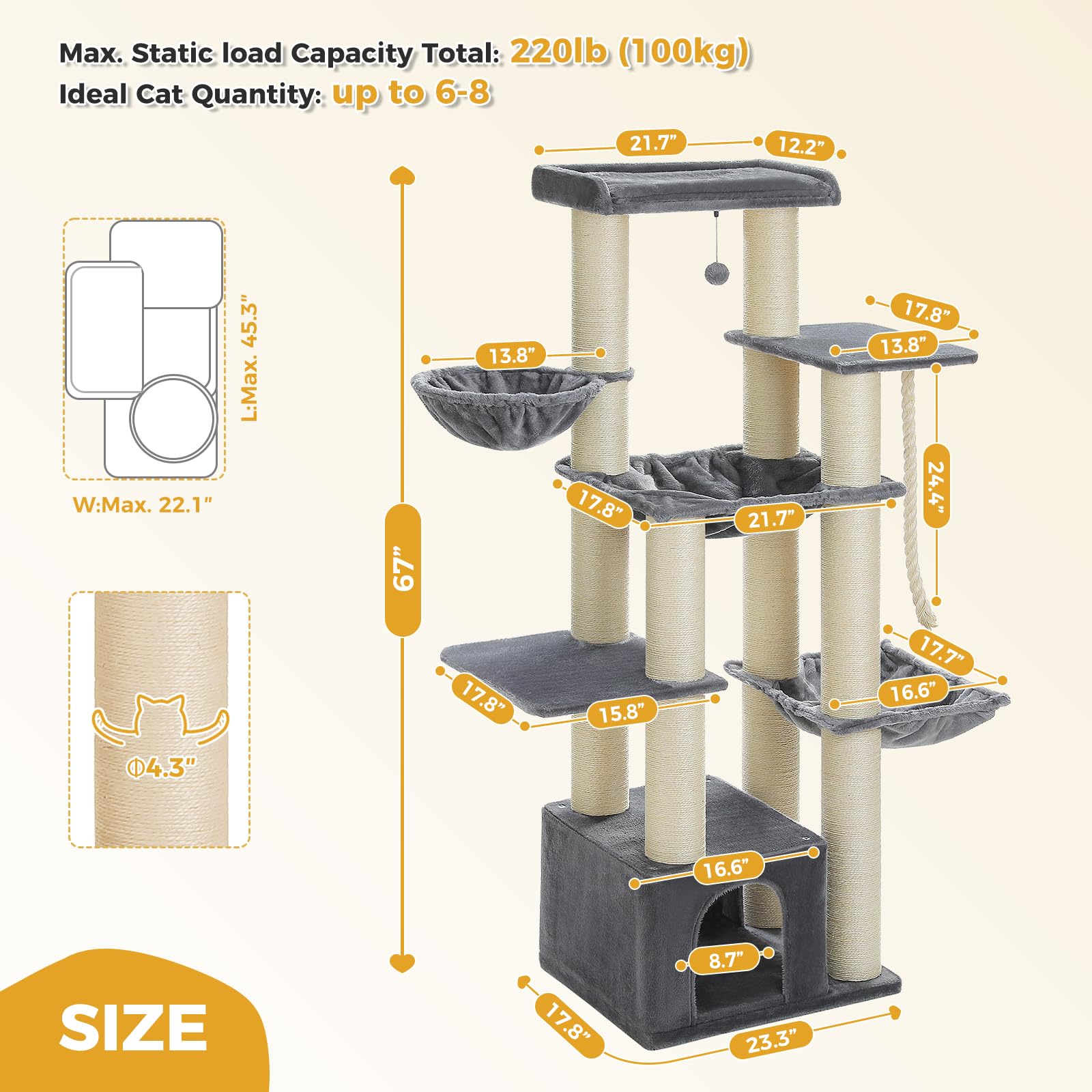 UYMI Cat Tree 67" Heavy-Duty XXL Tower with 13 Scratching Posts, Spacious Condo & Hammock, Grey - Model AM01-AMT0268GY-FBM