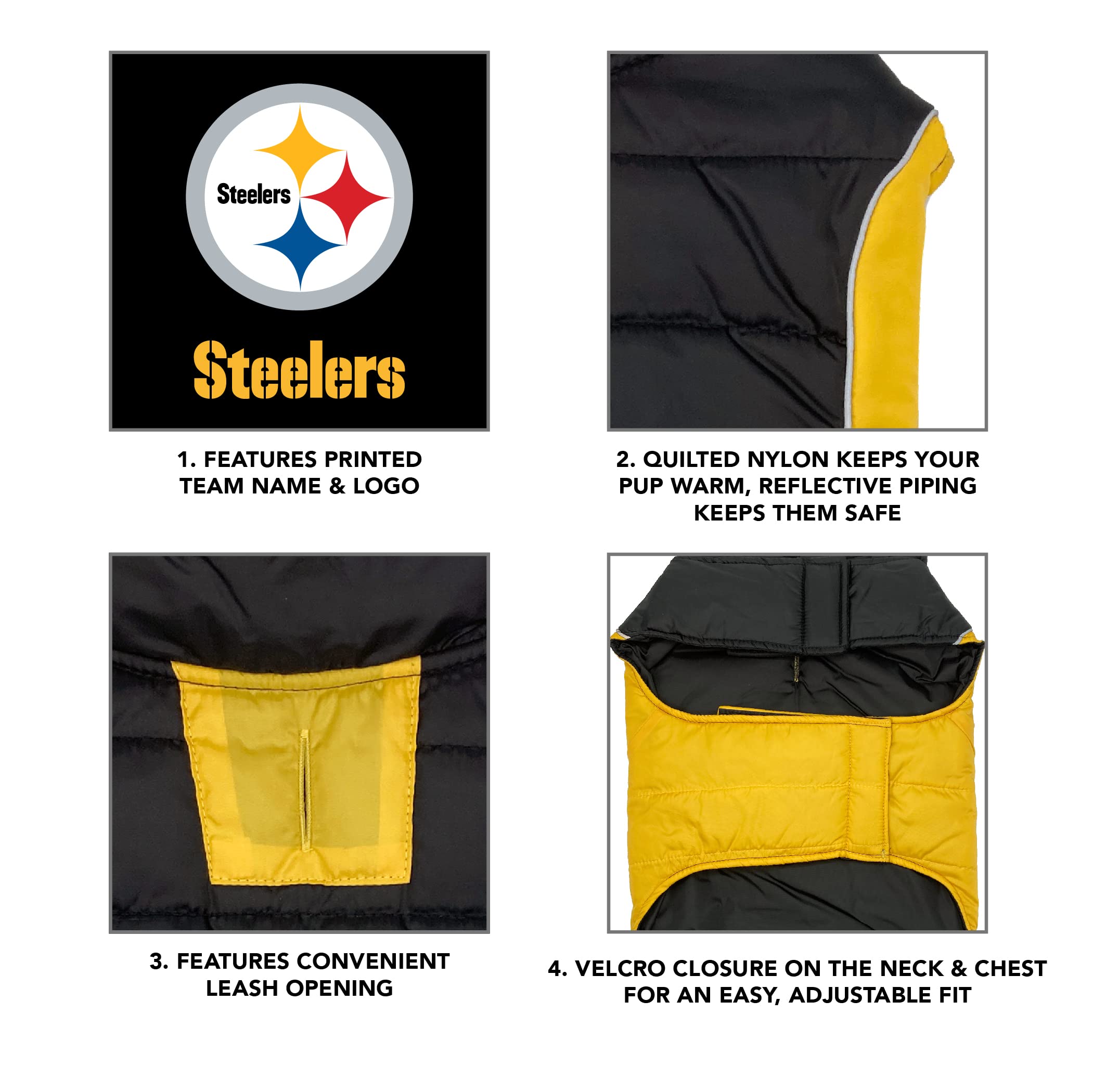 Pets First NFL Pittsburgh Steelers Puffer Vest for Dogs & Cats, Small, Waterproof Fur Coat, Model PIT-4081-SM