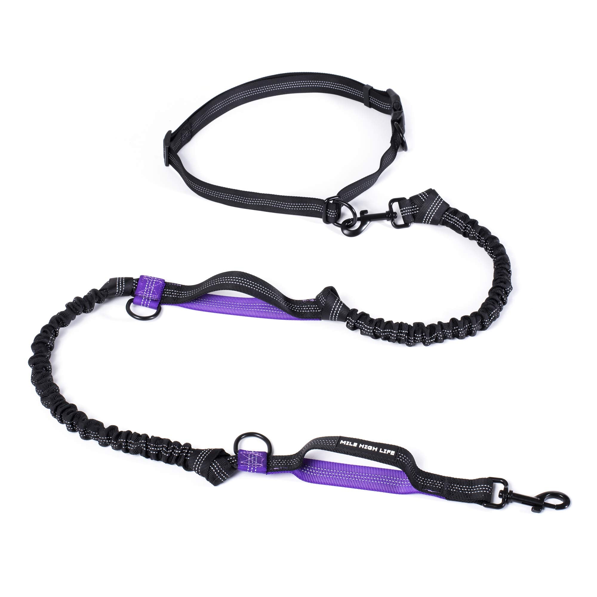 Mile High Life | Retractable Hands Free Dog 7Ft Leash | Waist Running Adjustable | Reflective Dual Black Bungees | Dual Handles | Small Medium Large Dogs | (Purple)