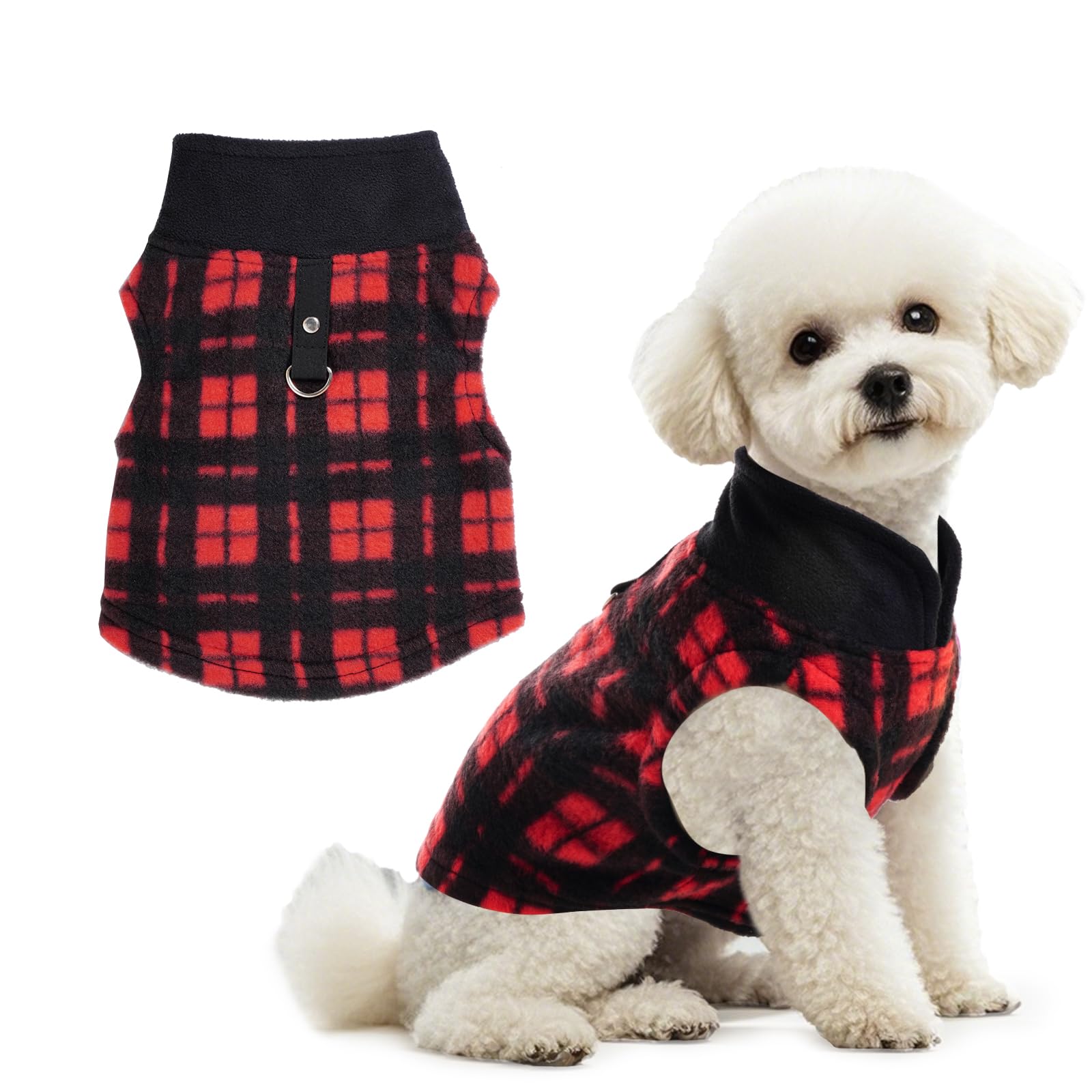 Rbenxia Plaid Dog Sweater With Leash Ring - Soft Fleece Vest Pullover Jacket For Small Puppy & Cat Pets (Black & Red, X-Small)