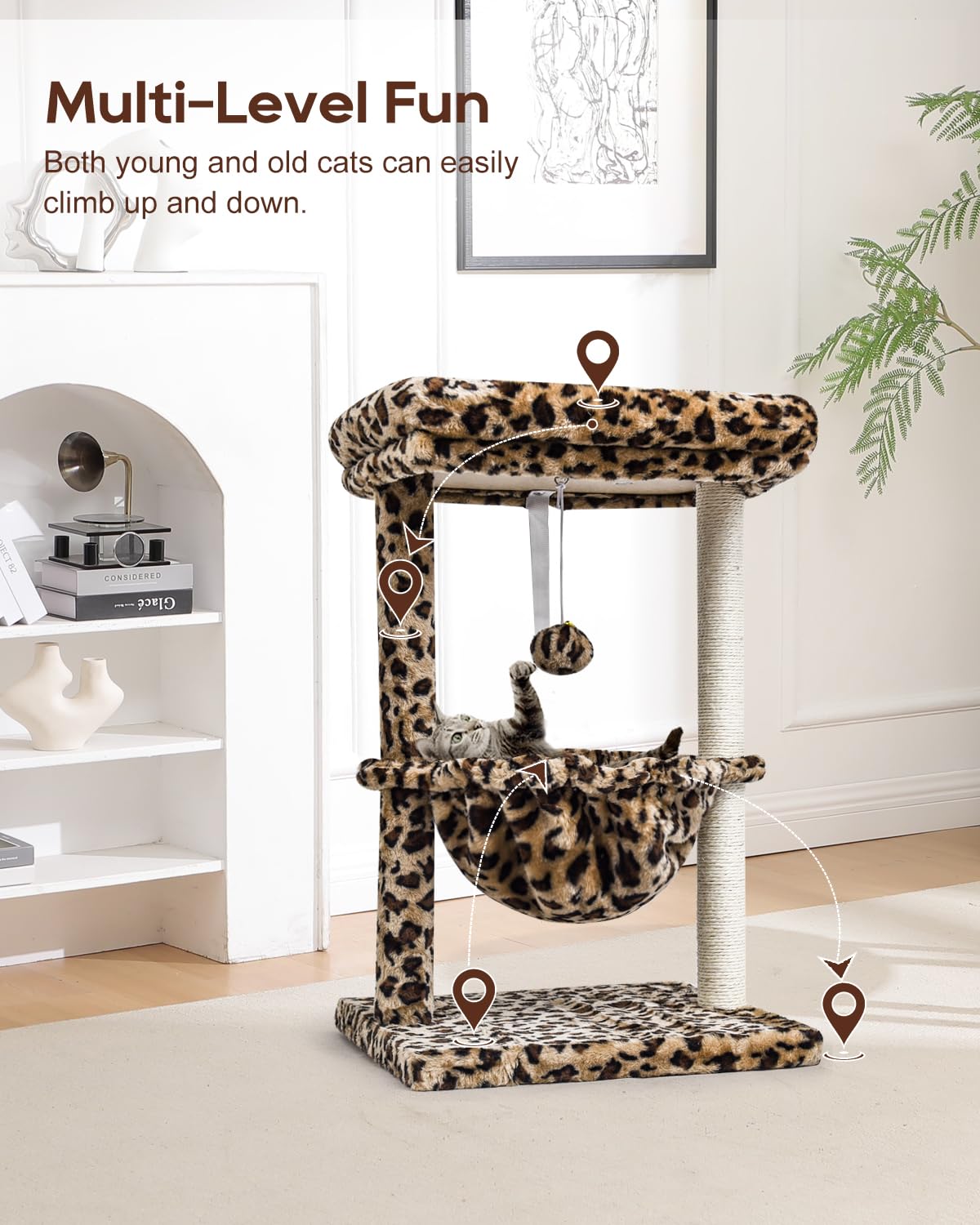 SYANDLVY Small Cat Tree for Indoor Cats, Unique Leopard Print Cat Tree Tower for Kitties, Condo Furniture with Hammock & Sisal S