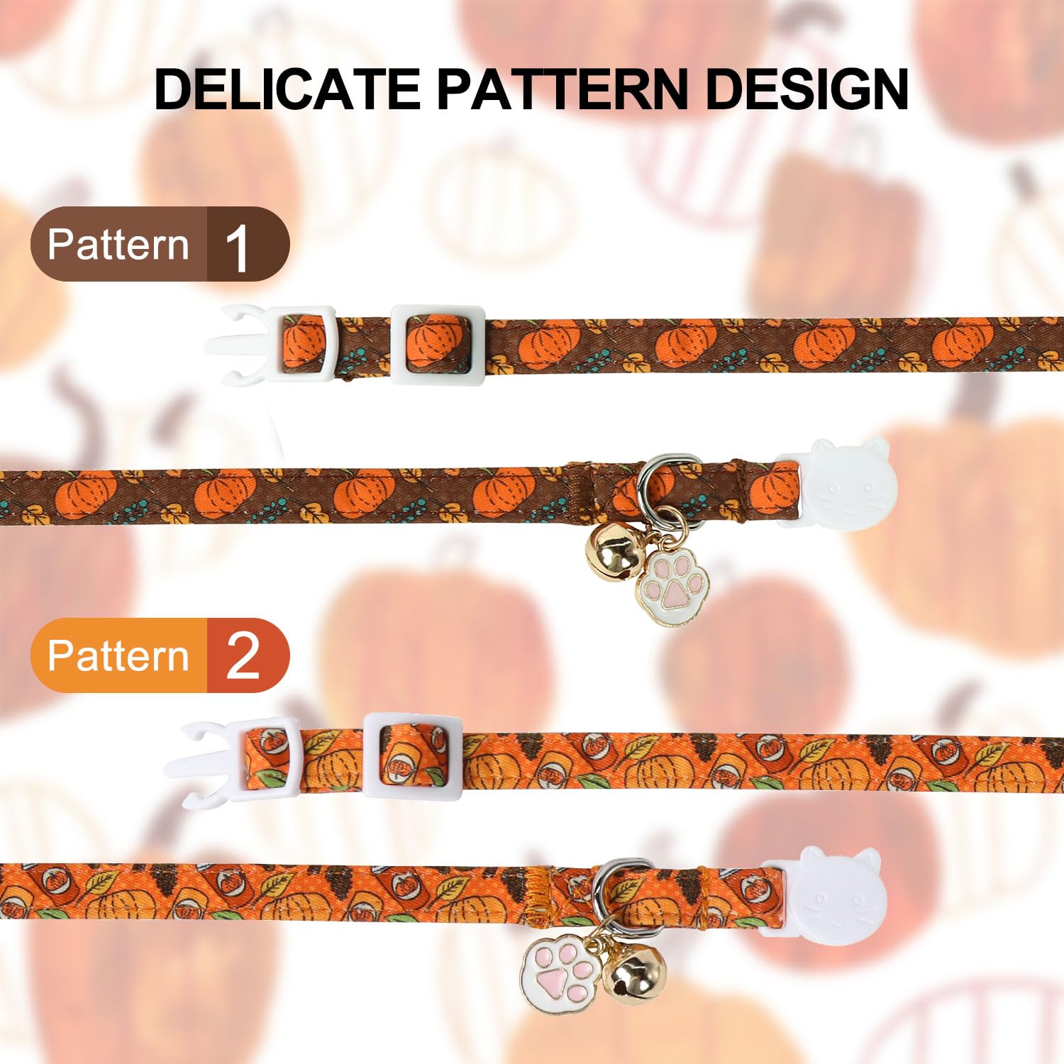 Unique Style Paws Pumpkin Kitten Collar,2 Pack Halloween Cat Collar With Bell & Cute Paw Pendant,Adjustable Orange Pumpkin Kitte