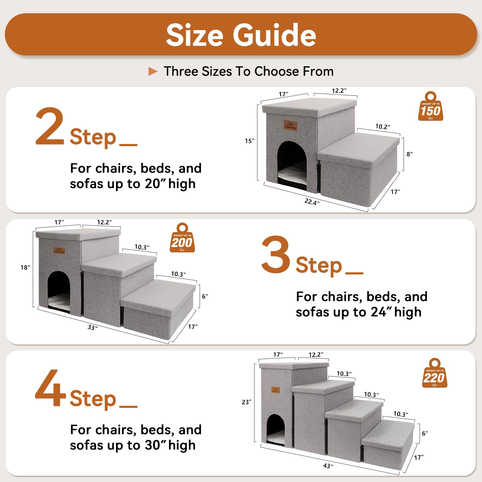 Zerbuger Dog Stairs 23  H, 4-Step Wider Dog Steps for High Beds Window, Folding Storage Pet Stairs Gift for Small/Medium/Large O