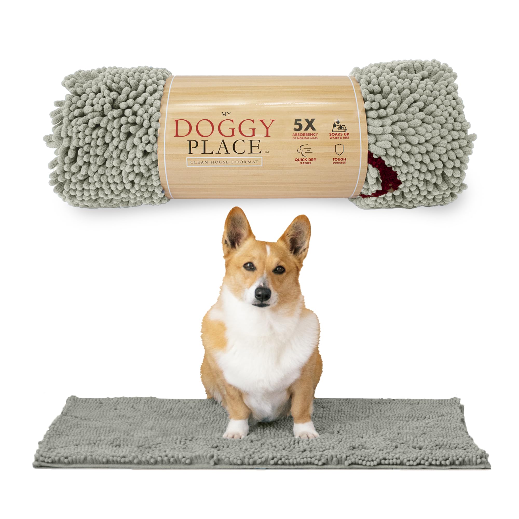 My Doggy Place Microfiber Dog Mat for Muddy Paws, 31 x 20 Light Gray with Paw Print - Absorbent and Quick-Drying Dog Paw Cleanin