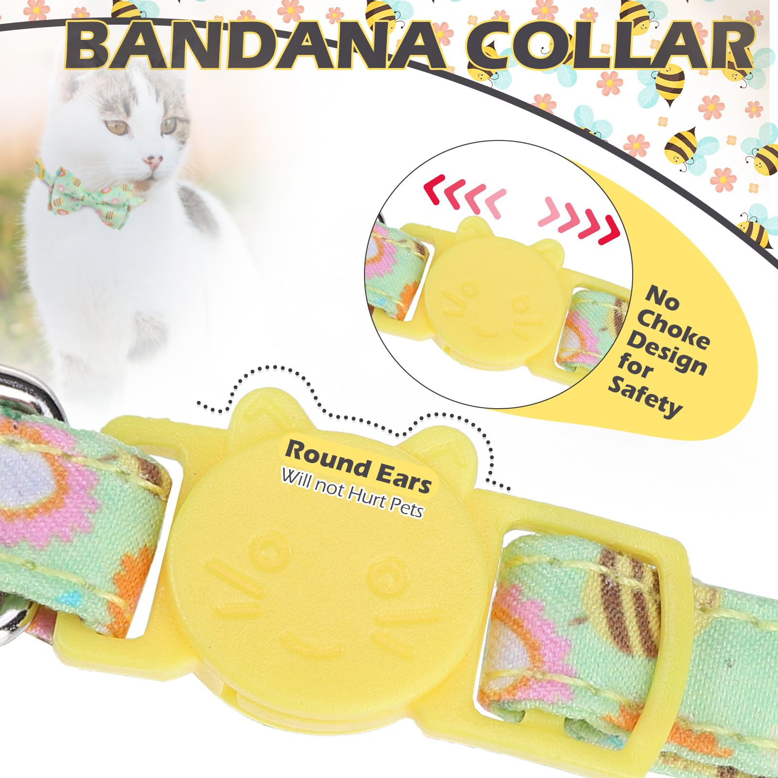 Expawlorer Spring Cat Collar Breakaway With Bells - 2 Pack Cute Flower Pet Collar With Removable Bow Tie And Bandana, Adjustable