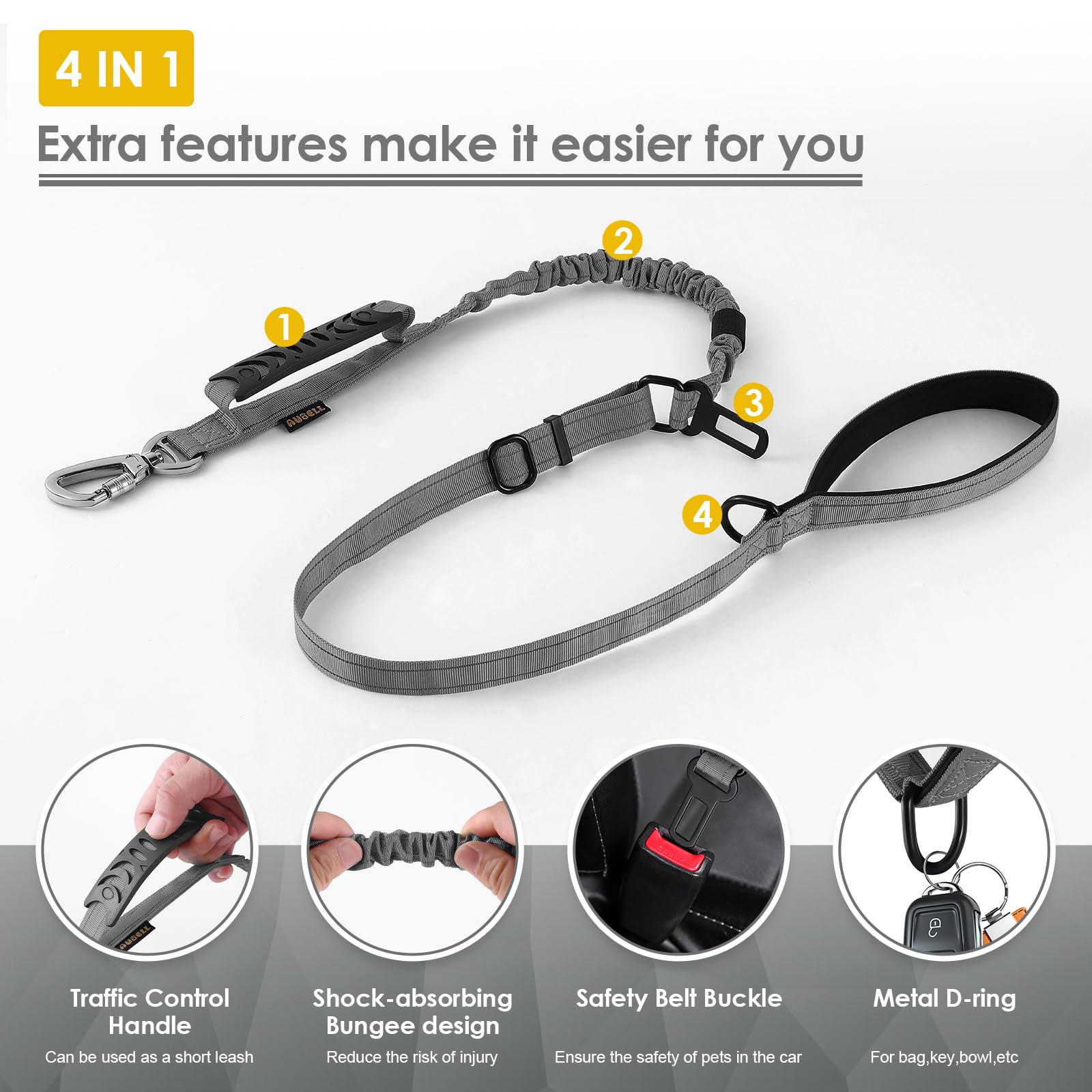 Aubell Tactical Dog Leash Heavy Duty,4-6Ft Reflective Strong No Pull Bungee Leash For Small Dogs With Comfortable Padded Double