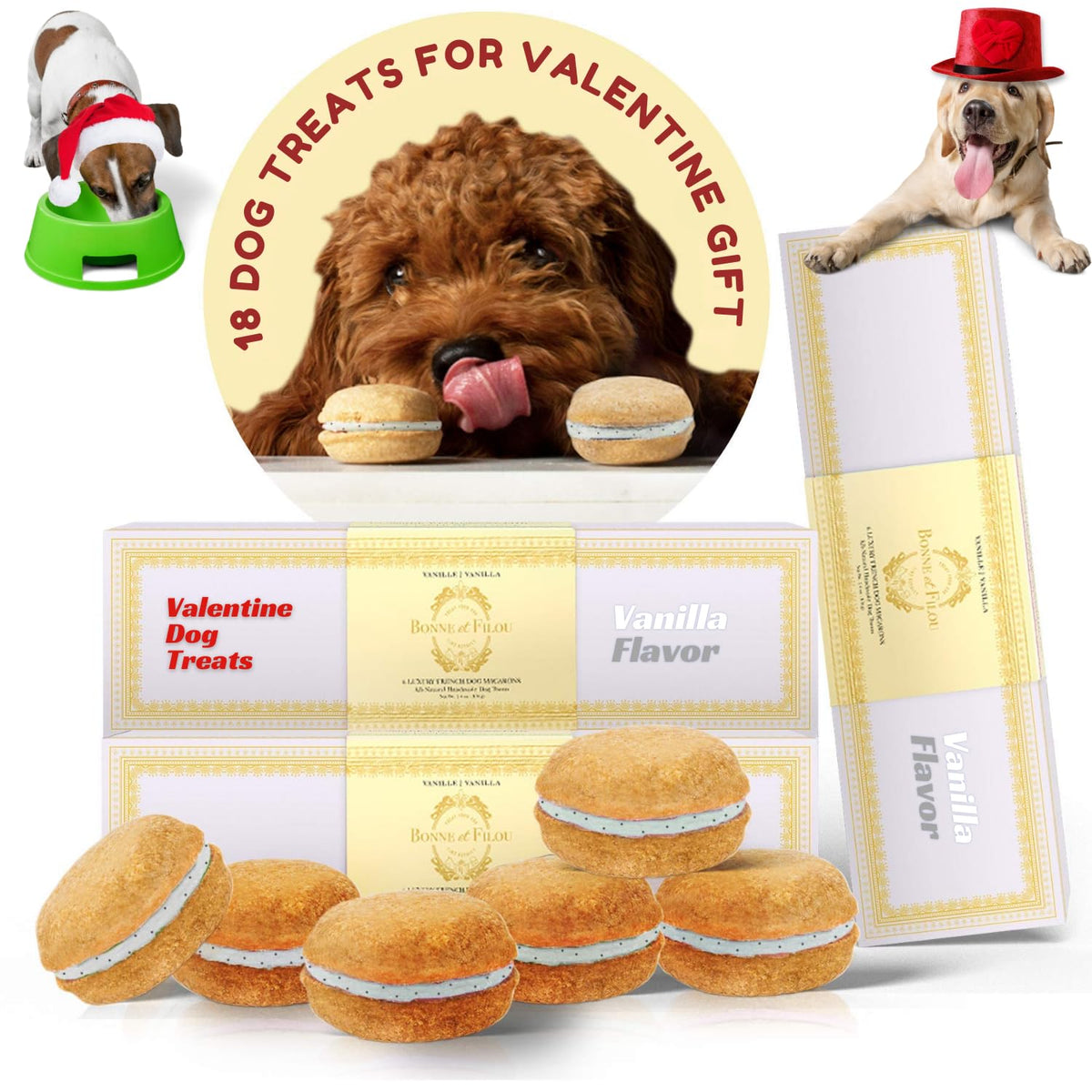 Bonne Et Filou Dog Treats For Valentine Gourmet Dog Macarons Human Grade Dog Gift Box Healthy And Delicious Snacks For Small To Large Dogs All Natural Macaron Dog Cakes - Vanilla 18 Count