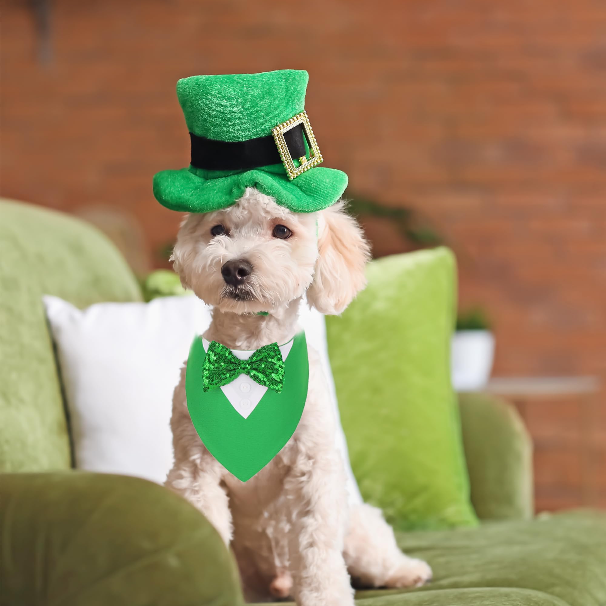 Adoggygo St.Patrick'S Day Dog Tuxedo Bandana, Green Pet Tux Collar With Bowtie Adjustable St Patricks Costume For Small Dogs Pet