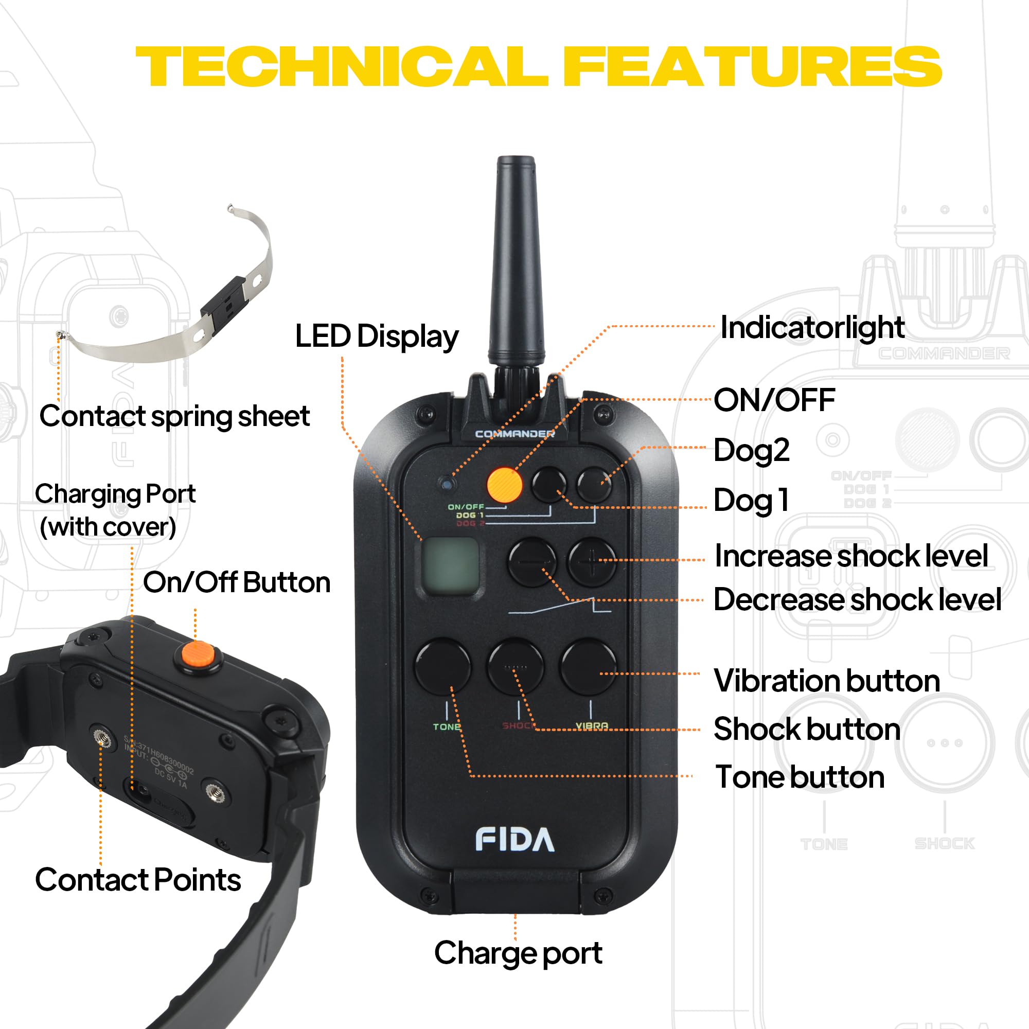 Fida Dog Shock Collar With Remote 3/4 Mile Range E Collar For Dogs Training, Ipx7 Waterproof Rechargeable Dog Training Collar Fo