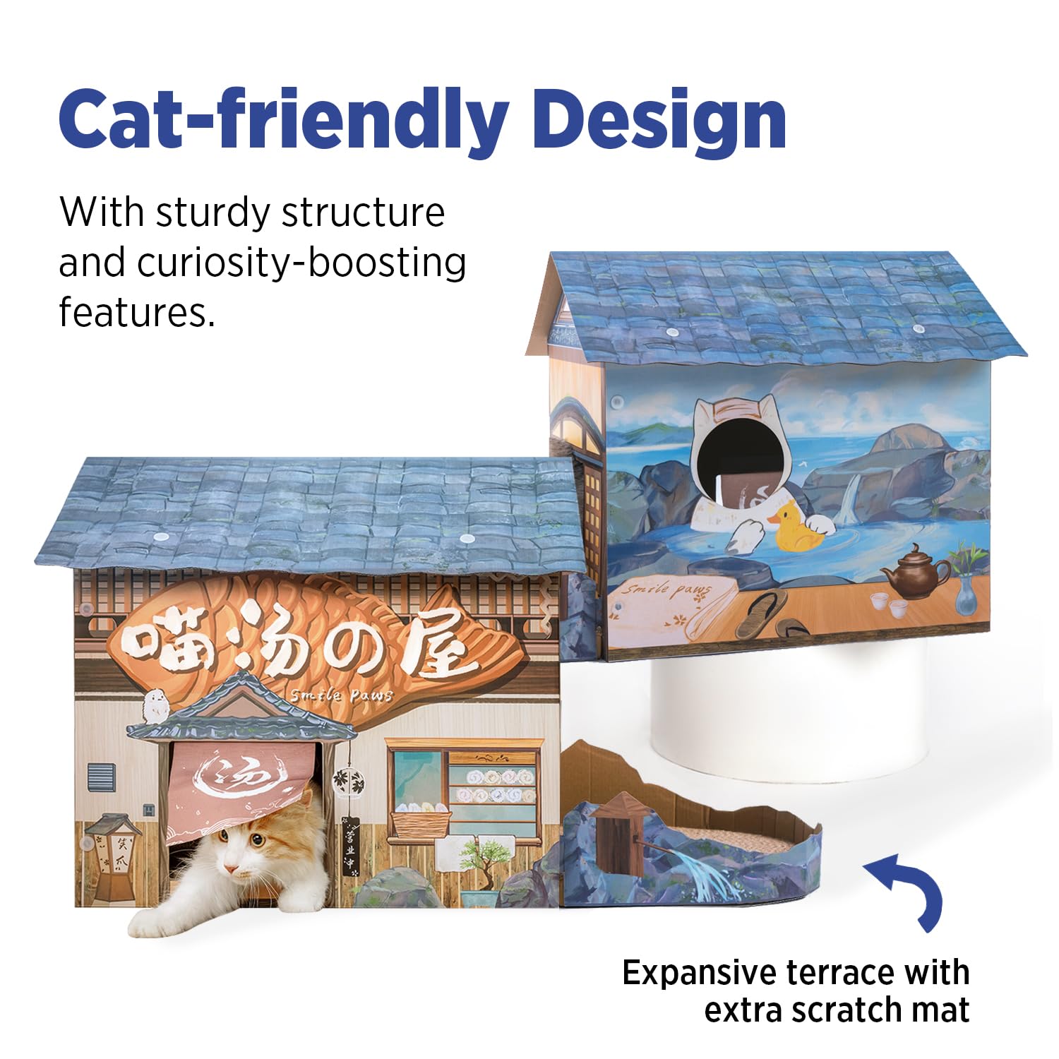 Smile Paws Cat Beds For Indoor Cats, Cardboard Cat House With Scratchers, Onsen Hotel, Large Sturdy Cat Furniture Condo Cave Ten