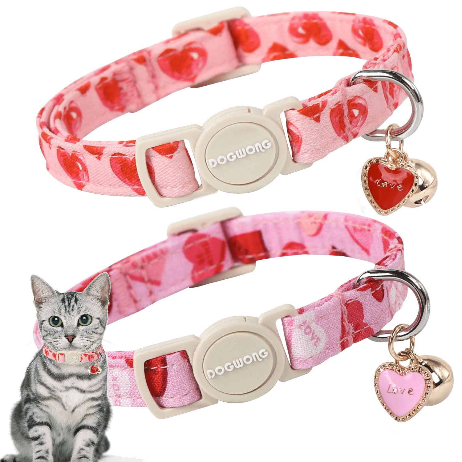 Cat Collar,2 Pack Cat Collars Breakaway With Bell, Dogwong Safety Buckle Valentine'S Day Cat Collar Pink Heart For Girl Boy Cats