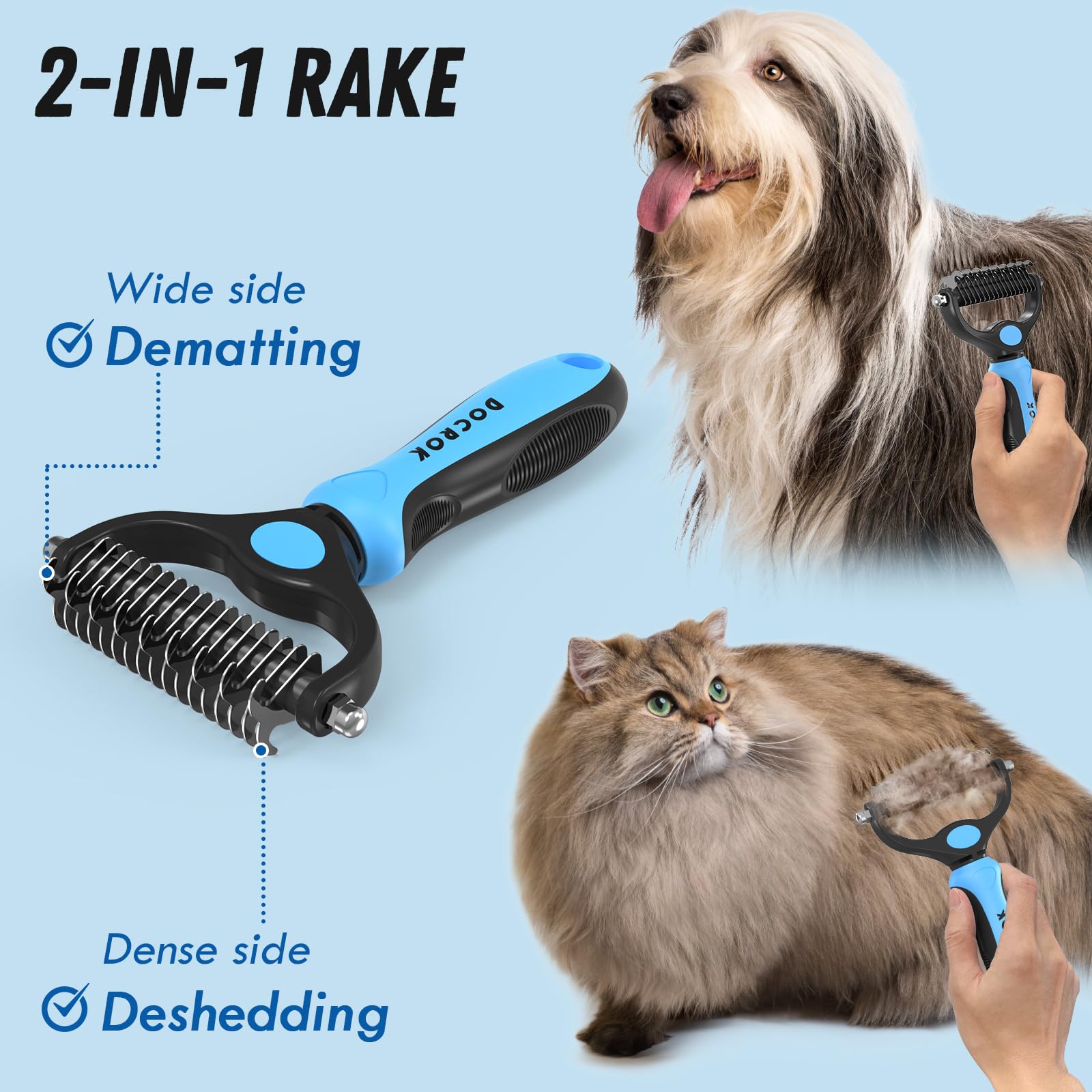 Docrok Pet Grooming Combo - Blue Deshedding Brush With Metal Comb For Detangling And Dematting Long, Matted Fur On Cats And Dogs