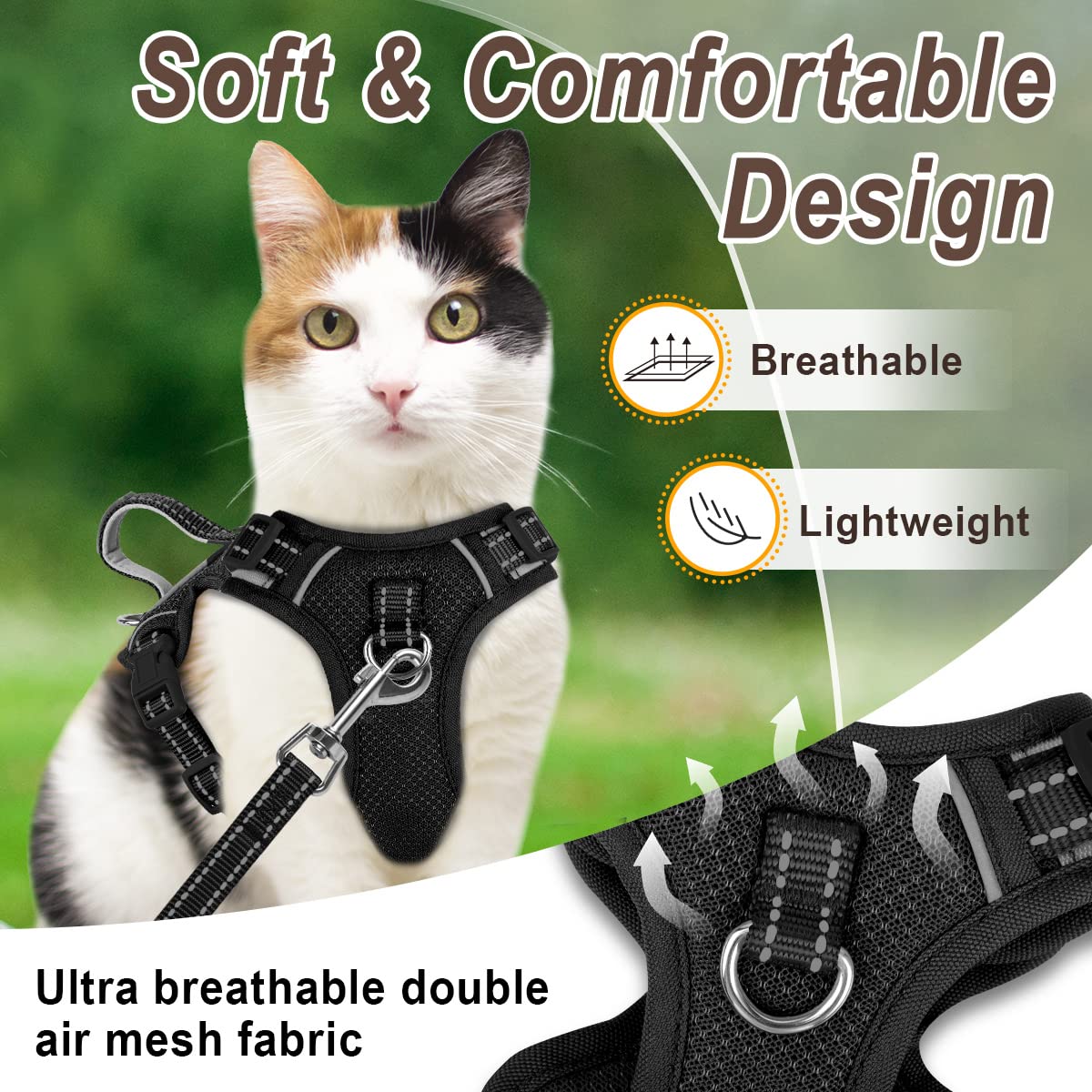 Cat Harness And Leash Set For Walking Escape Proof For Small Large Cat Kitten Harness With Id Tag Pocket (Black,S)