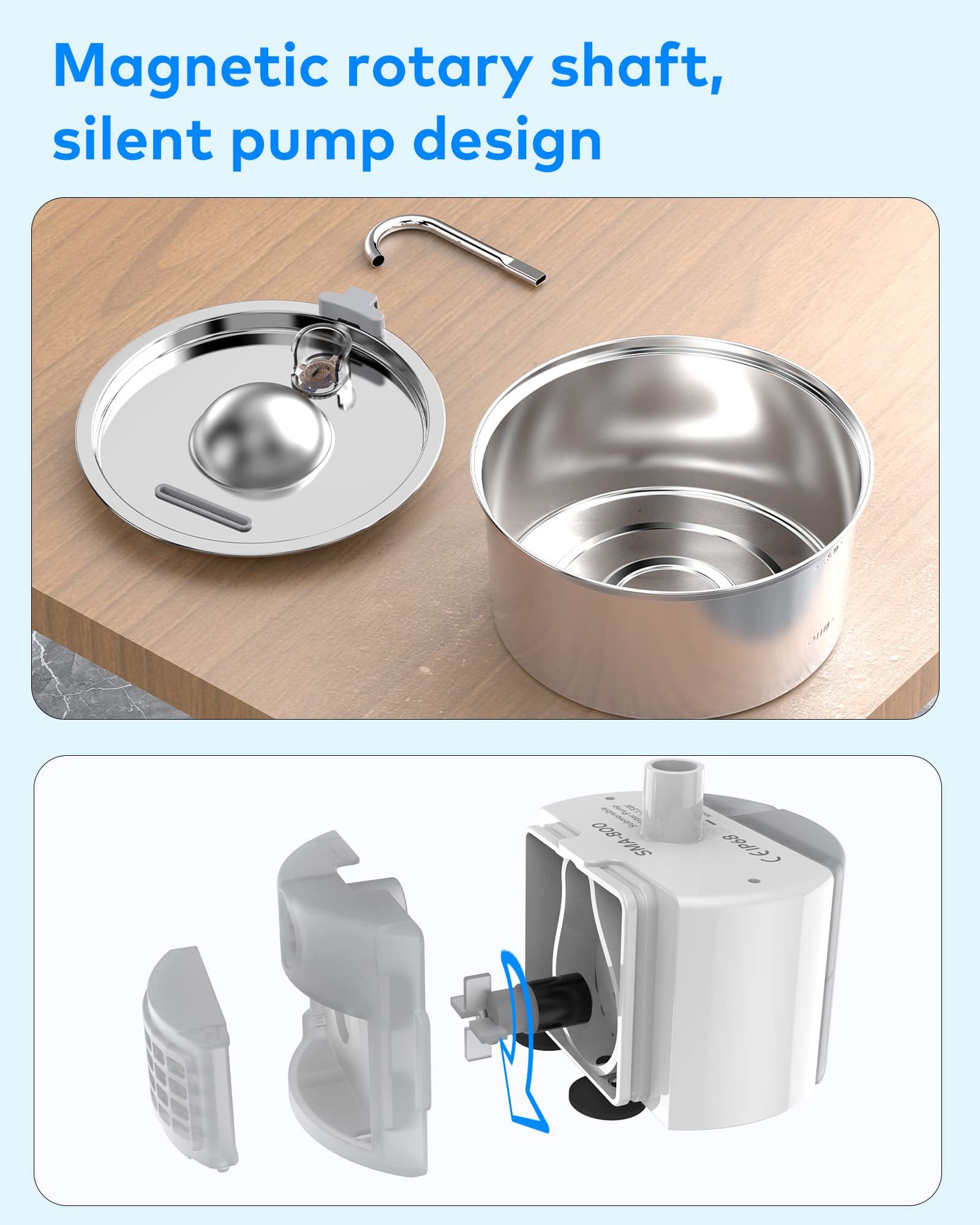 New Upgrade Water Pump For Cat Water Fountain, Qiuoio Water Pump For Stainless Steel Cat Fountains, Extremely Quiet (=30Db), Low Power Consumption (1.5W), Built-In Led Light, Suitable For S3