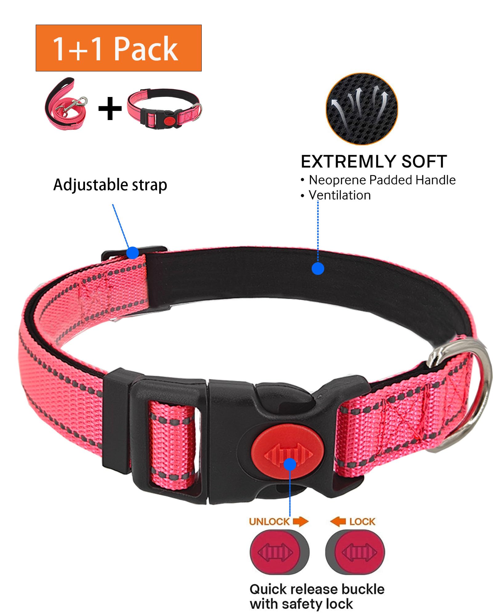 Aeclleca Reflective Dog Collar And Leash Set With Safety Locking Buckle,Adjustable Soft Nylon Pet Collars For Small Medium Dogs