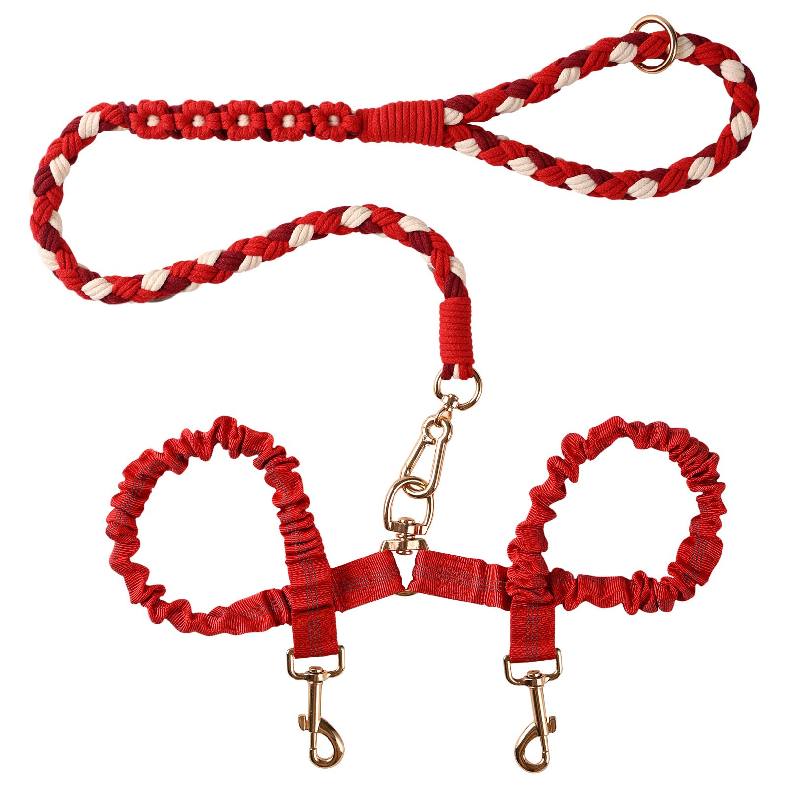 Dual Dog Leash,Double Dog 360 Swivel No Tangle Walking Leash,Comfortable Shock Absorbing Reflective Bungee For Two Dogs(Red)