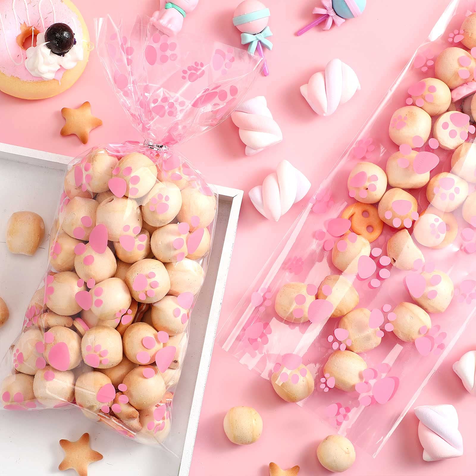 Blulu 100 Pieces Pet Paw Cone Cellophane Bags Heat Sealable Candy Dog Paw Gift Cat Treat Bags With 100 Pieces Silver Twist Ties